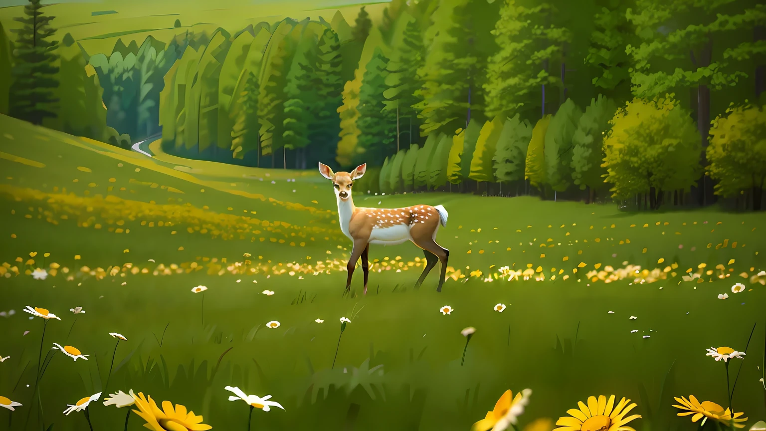 young deer, in a field of daisies, around chamomiles, in the forest, green replace with forest 6