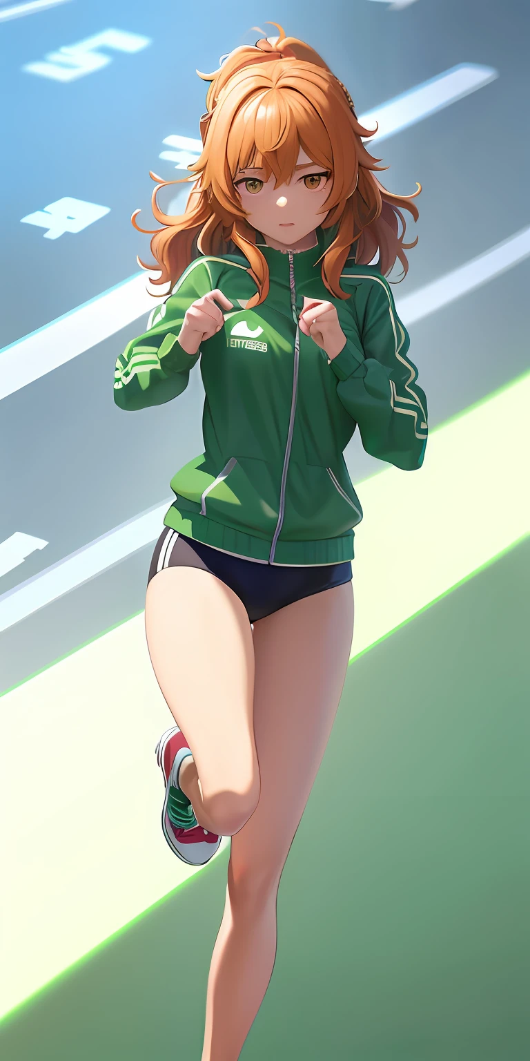 anime girl running on a track with a green and white jacket, wearing track and field suit, wearing a track suit, wearing a tracksuit, ilya kuvshinov with long hair, smooth anime cg art, the anime girl is running, valentina remenar, made with anime painter studio, painted in anime painter studio, makise kurisu