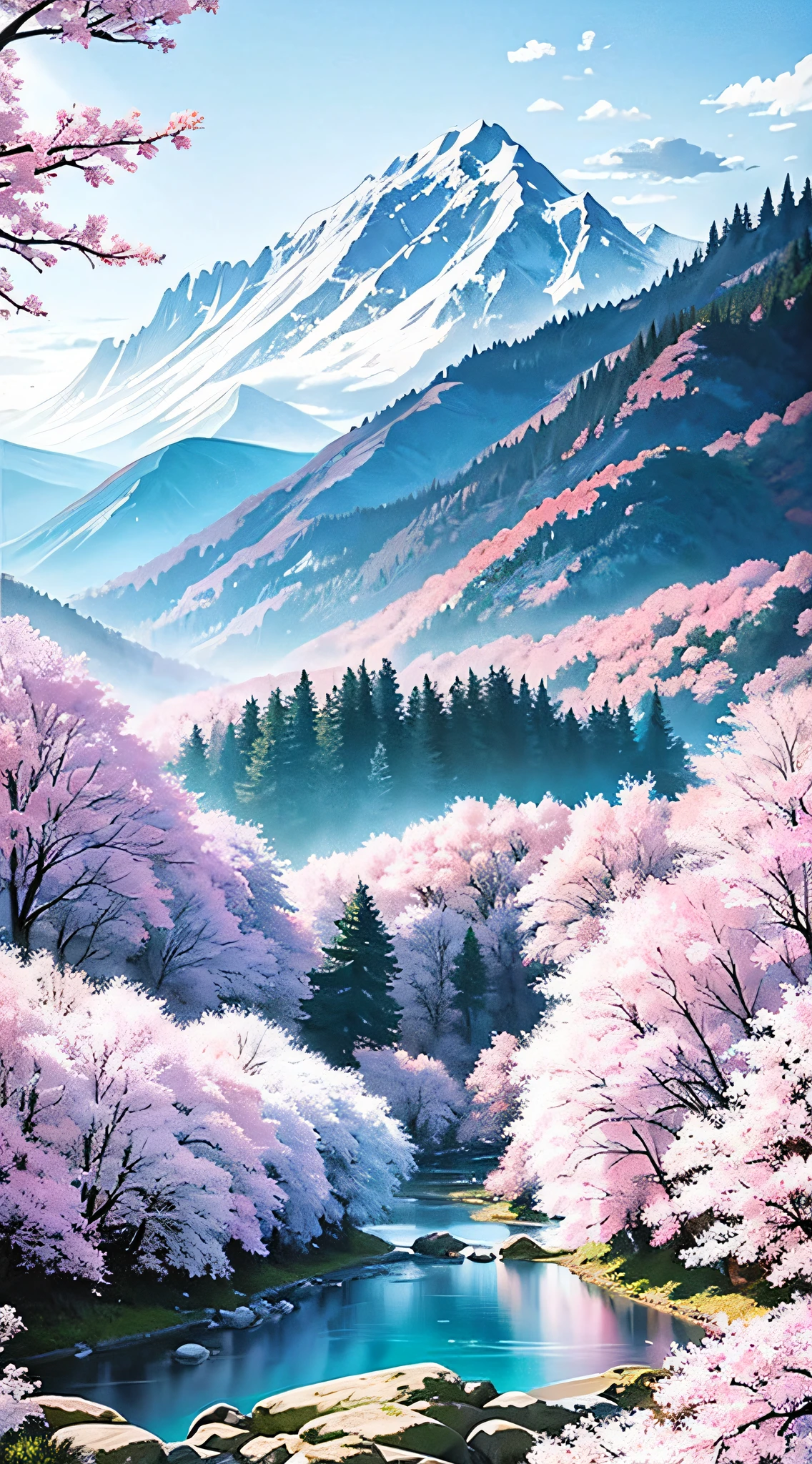 painting of a mountain landscape with a river and a mountain range, japan mountains, cherry blossom forest, ross tran. scenic background, anime nature, japan nature, beautiful anime scenery, pink forest, beautiful anime scene, anime beautiful peace scene, anime nature wallpap, japan, beautiful iphone wallpaper, anime landscape wallpaper, aomori japan, lush sakura trees