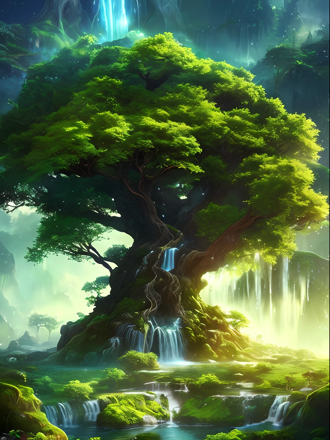 A Tree with Waterfall, Beeple's Concept Art, Artstation Contest Winner, Fantasy Art, Fantasy Tree, Magic Tree, yggdrasil, Tree of Life, World Tree, Great Magic Tree, Magic Tree, Fantasy Magic Vegetation, Tree of Life, Detailed Fantasy Digital Art, Cosmic Tree of Life