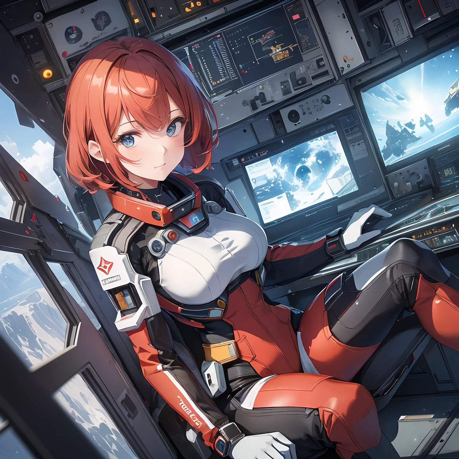 Absurd resolution, high resolution, (masterpiece: 1.4), hyper-detail, 1 young woman, short red hair, pilot suit, rich princess, sitting in an extremely narrow and closed mecha control room looking out the window, the window is the space universe can see the blue planet (1.5), the expression is excited, the mecha control room is in the universe