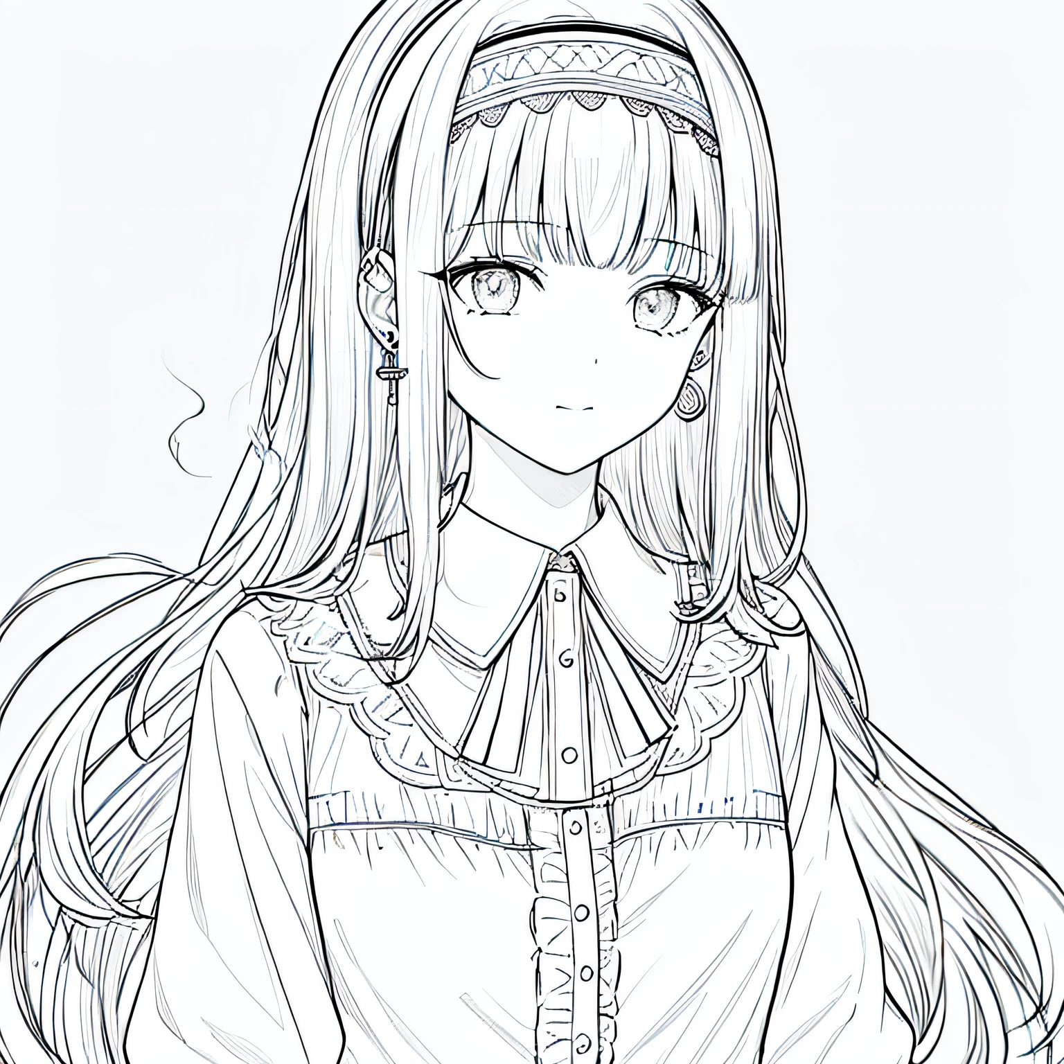 1girl, artist_name, bangs, blurry_background, closed_mouth, collared_shirt, depth_of_field, earrings, grey_eyes, hairband, jewelry, long_hair, looking_at_viewer, smoke, solo, wing_collar, monochrome, lineart, coloring book style, blurry, bokeh, (masterpiece), (best quality)