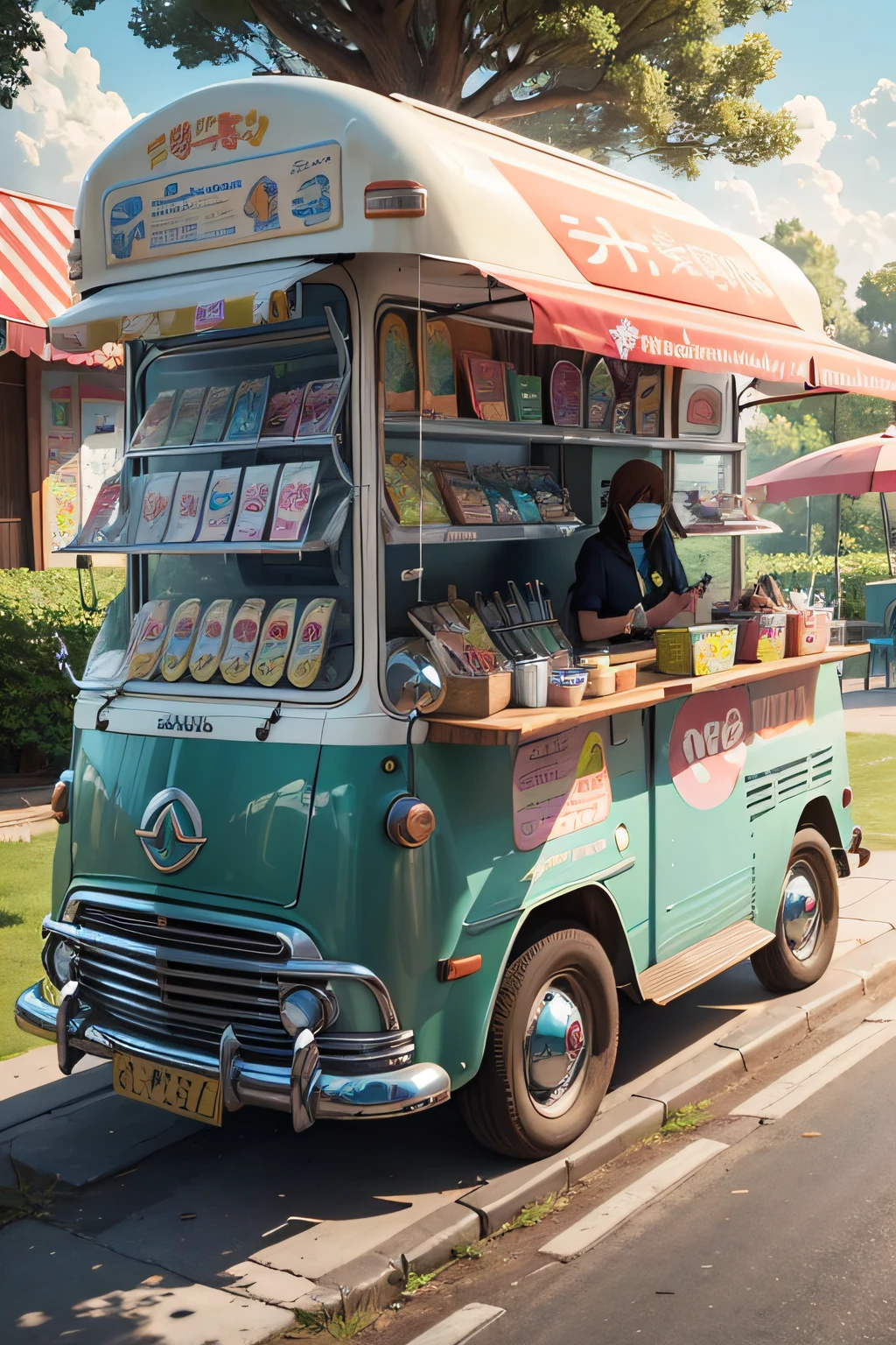 Anime scene of Xiaoice ice cream mobile car on the meadows of the green grassland blue sky and white clouds Ice cream truck in the middle of the picture Don't account for too much, official artwork, propaganda art, colorful anime movie background, official art, anime background art, only one ice cream food stall, official illustration, making art, official fan art, mobile game art, background art, ice cream truck, summer, fresh, sunshine halo, natural scenery background, movie lighting, super high resolution, background is natural scenery, natural green, Don't show up characters --auto --s2