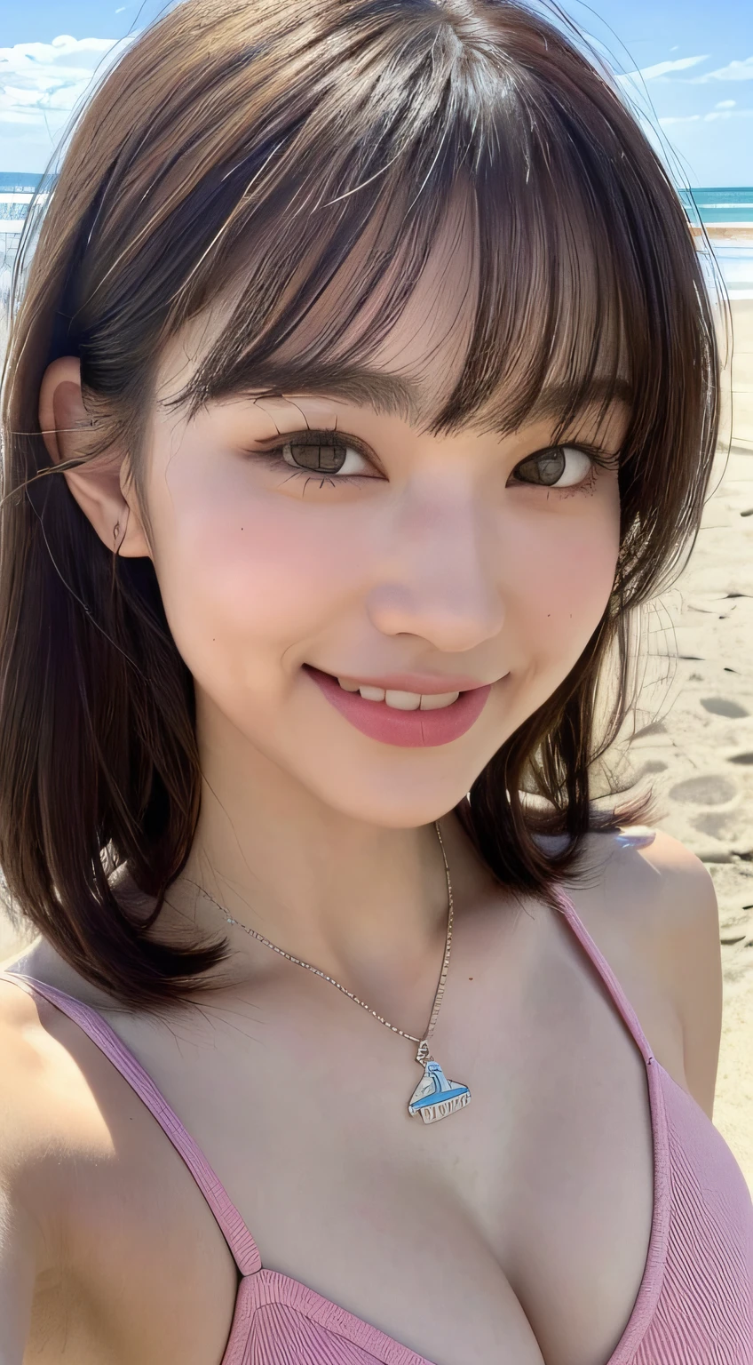 (Best quality, 8k, masterpiece: 1.3), a pretty girl with perfect figure: 1.4, dark brown hair, (blunt bangs:1.2), wearing a pendant, pink-bikini, in the beach, highly detailed face and skin, detailed eyes, double eyelids, big breasts, smile