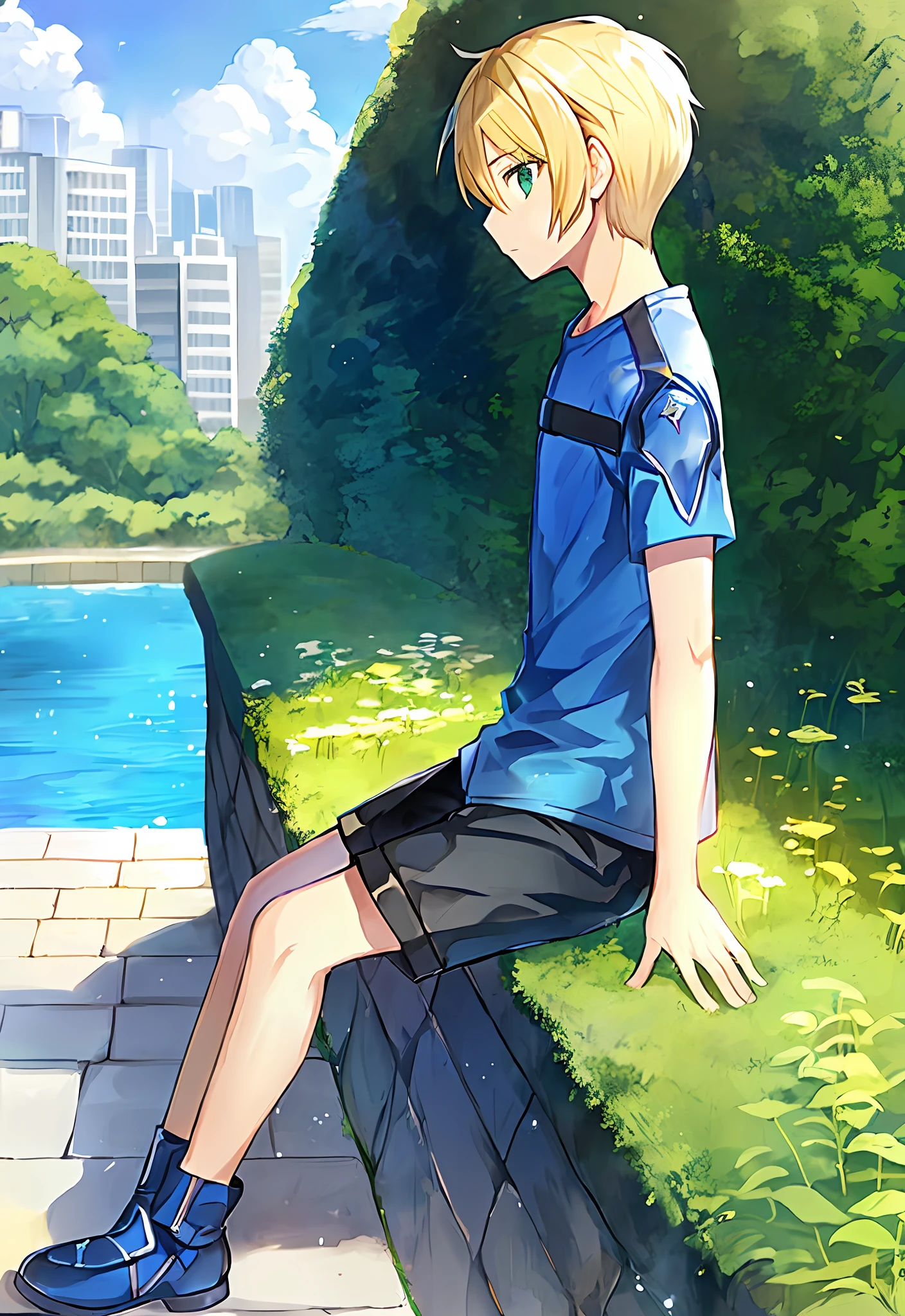 boy,(((Eugeo))),sword art online,(((very short hair))),short sidetails,flaxen hair,((looking to the side)), ((looking afar)), 7 ,sitting,solo,green eyes,blue T-shirt,shorts,full body,outdoors,city,