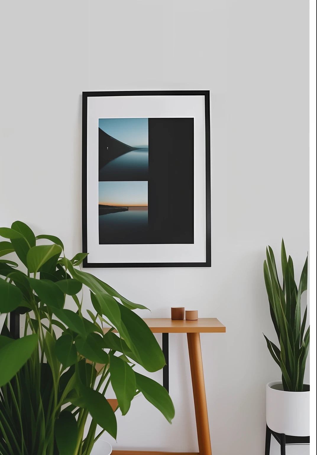 there is a picture frame hanging on the wall above a table, placed in a living room, poster composition, poster style, poster framed, a poster, framed poster, in a frame, vertical movie frame, very minimalistic, framed in image, full subject in frame, displayed on the walls, inside a frame on a tiled wall, without text, poster
