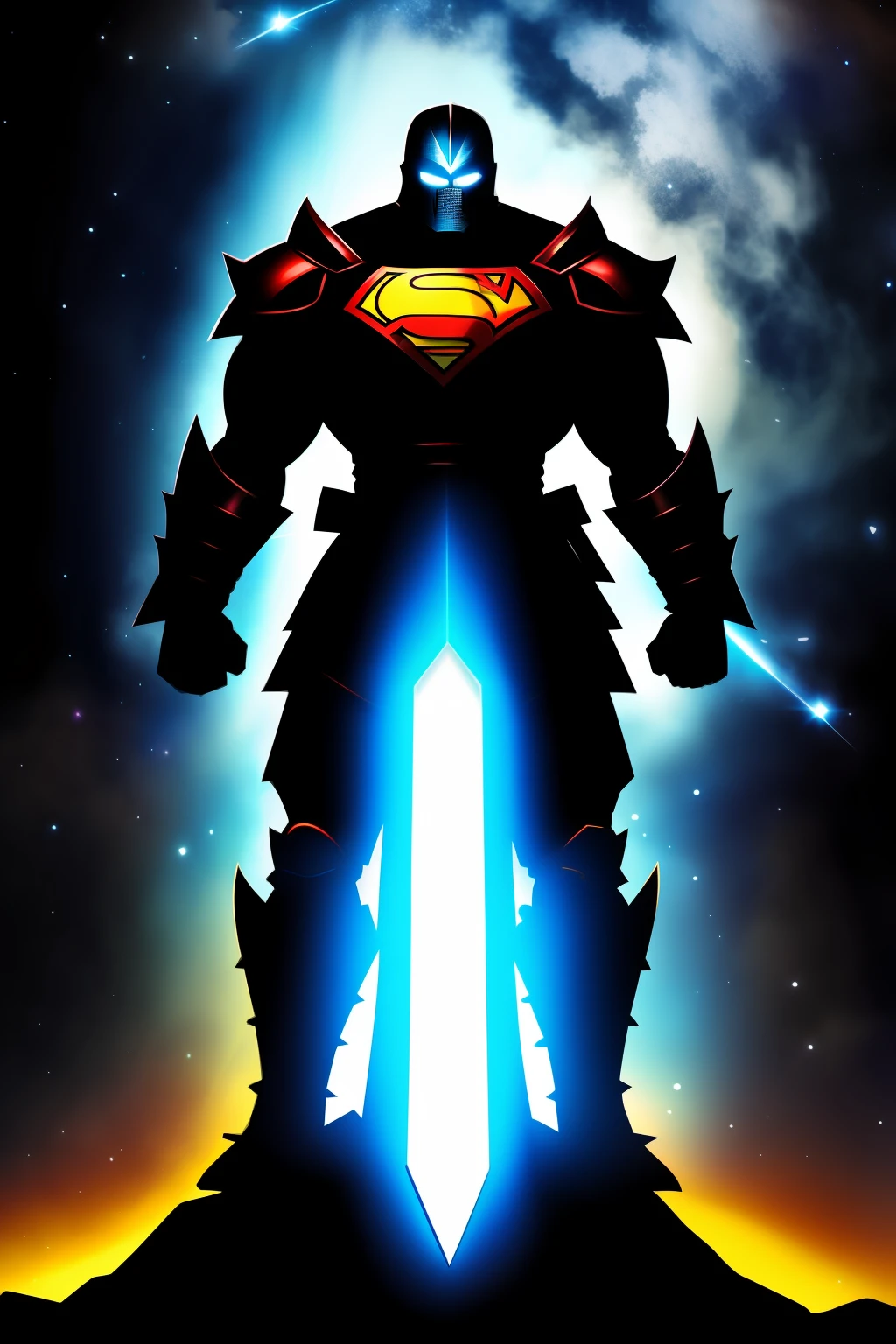A super strong man, wearing armor and exuding dark light and dark aura, holding a dark sword in the universe