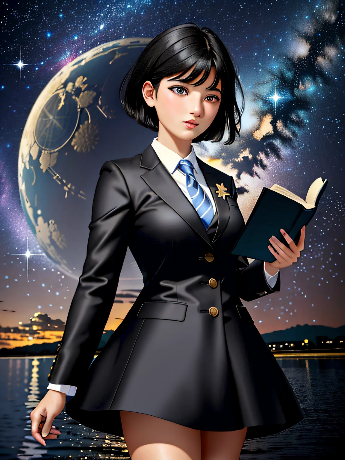 multiple girls, 3girls,books,short hair,Chuckle
High-definition image of a captivating woman, her glossy black hair mirrors the night sky, and her eyes hold the mesmerizing sight of distant galaxies. She is dressed in a suit woven from shadows, a testament to the beauty found in the depths of darkness. She is situated within a realm where time flows in rivers and memories bloom as vibrant flowers. Above them, the sky is a canvas of memories, each star a story from the past. The image is captured in a modernistic style, emphasizing the dynamic interaction between the character and her environment.
masterpiece, best quality, official art,