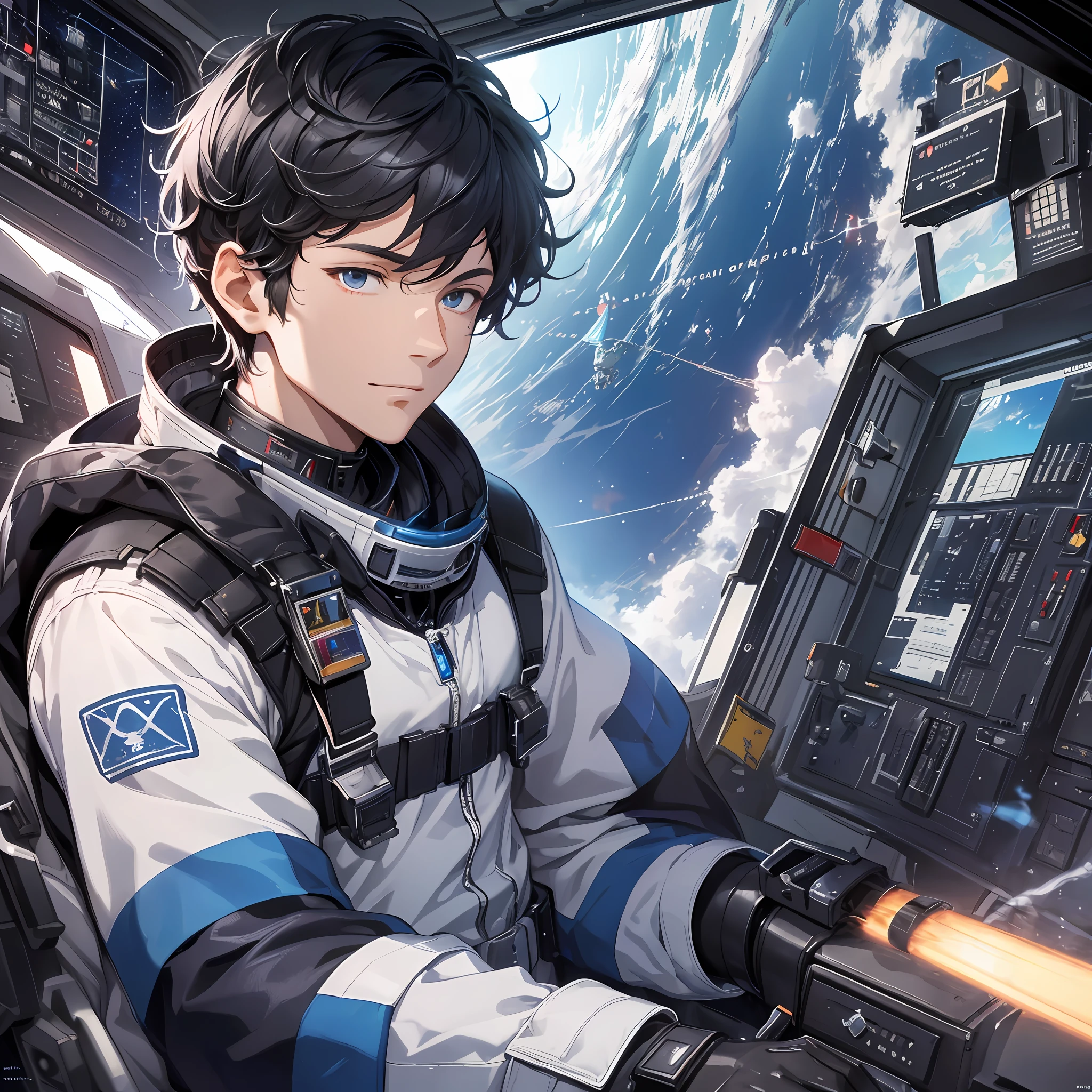 Absurd resolution, high resolution, (masterpiece: 1.4), hyper-detail, young man messy black short-haired pilot dressed up, smug expression, in an extremely narrow mech cockpit, operating a mecha, a blue planet can be seen from space outside the window (1.2)