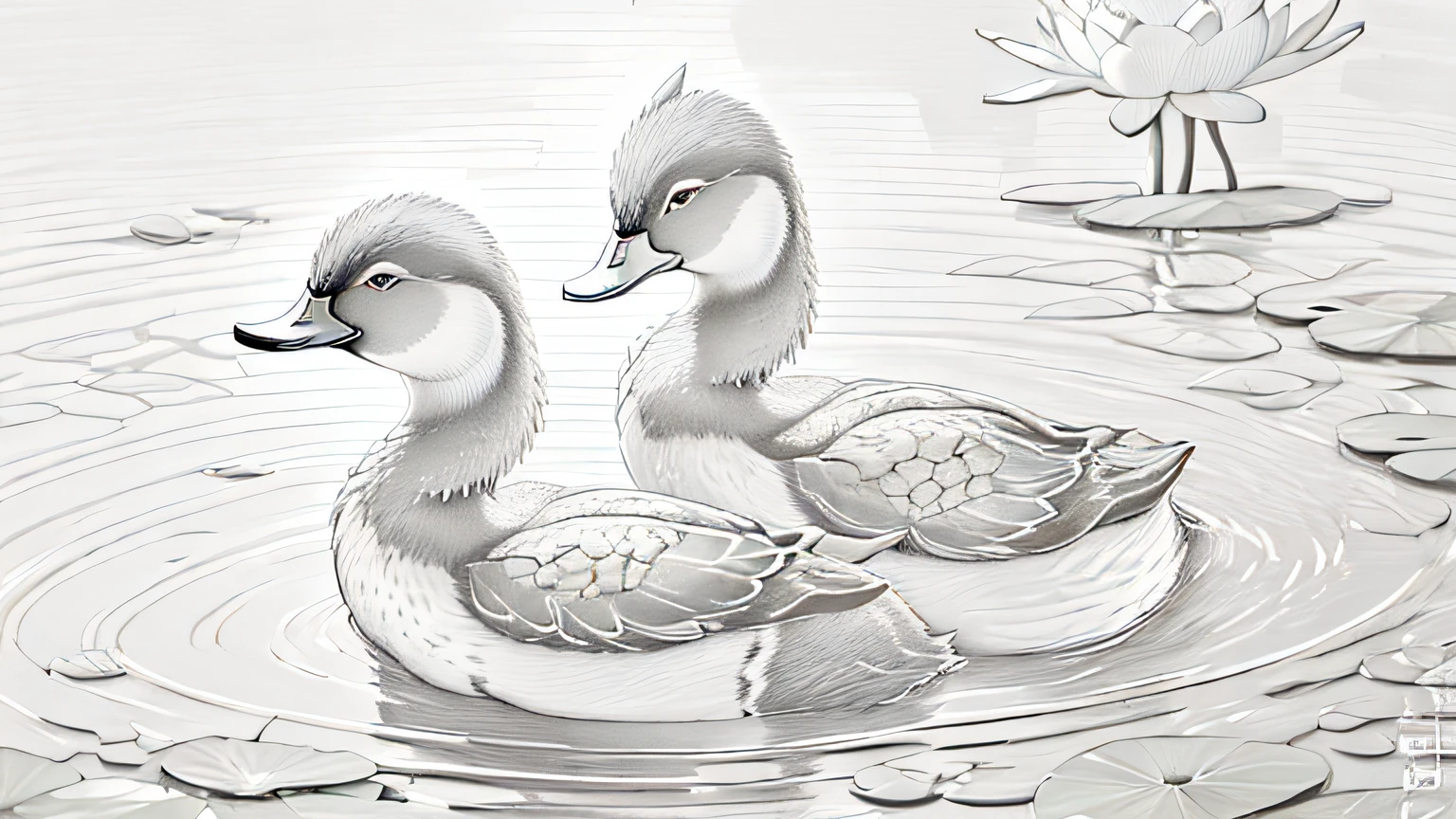 Picture of two ducks in lotus pond, lotus pond, detailed duck, lotus, warm sun. Masterpiece, high quality, high detail, high resolution, 4K, stunning picture, beautiful artwork illustration, tranquility illustration, duck illustration, full color illustration, lotus pond, beautiful illustration, detailed 2D illustration, painting illustration, color illustration, beautiful digital illustration, wildlife illustration