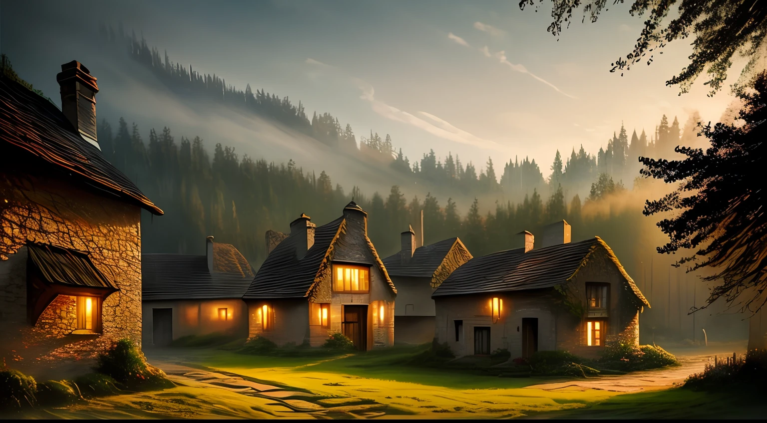 realistic dark oil painting of a medieval village at sunrise, mossy, mist, foggy, shadows, misterious, mithical, dark, rays of light shines trough the windows, ambient, depth of field, volumetric lighting, cinematic lighting, moody, heavy darkness, black sky, low angle perspective, by Anna Dittmann