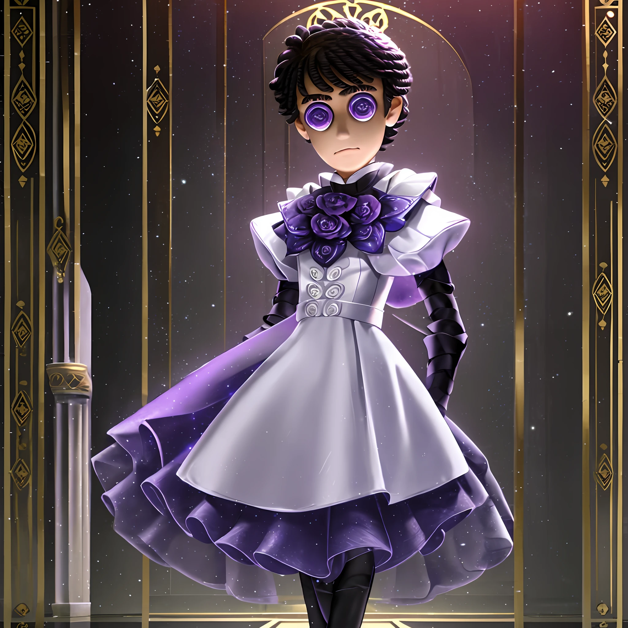 masterpiece, high quality, young boy, white tight dress, purple shoulder pads, black tulle, facing forward, looking at camera, full body, center of the screen