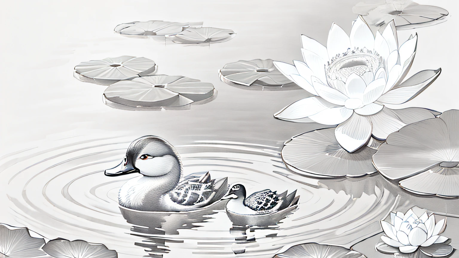 Picture of two ducks in lotus pond, lotus pond, detailed duck, lotus, warm sun. Masterpiece, high quality, high detail, high resolution, 4K, stunning picture, beautiful artwork illustration, tranquility illustration, duck illustration, full color illustration, lotus pond, beautiful illustration, detailed 2D illustration, painting illustration, color illustration, beautiful digital illustration, wildlife illustration