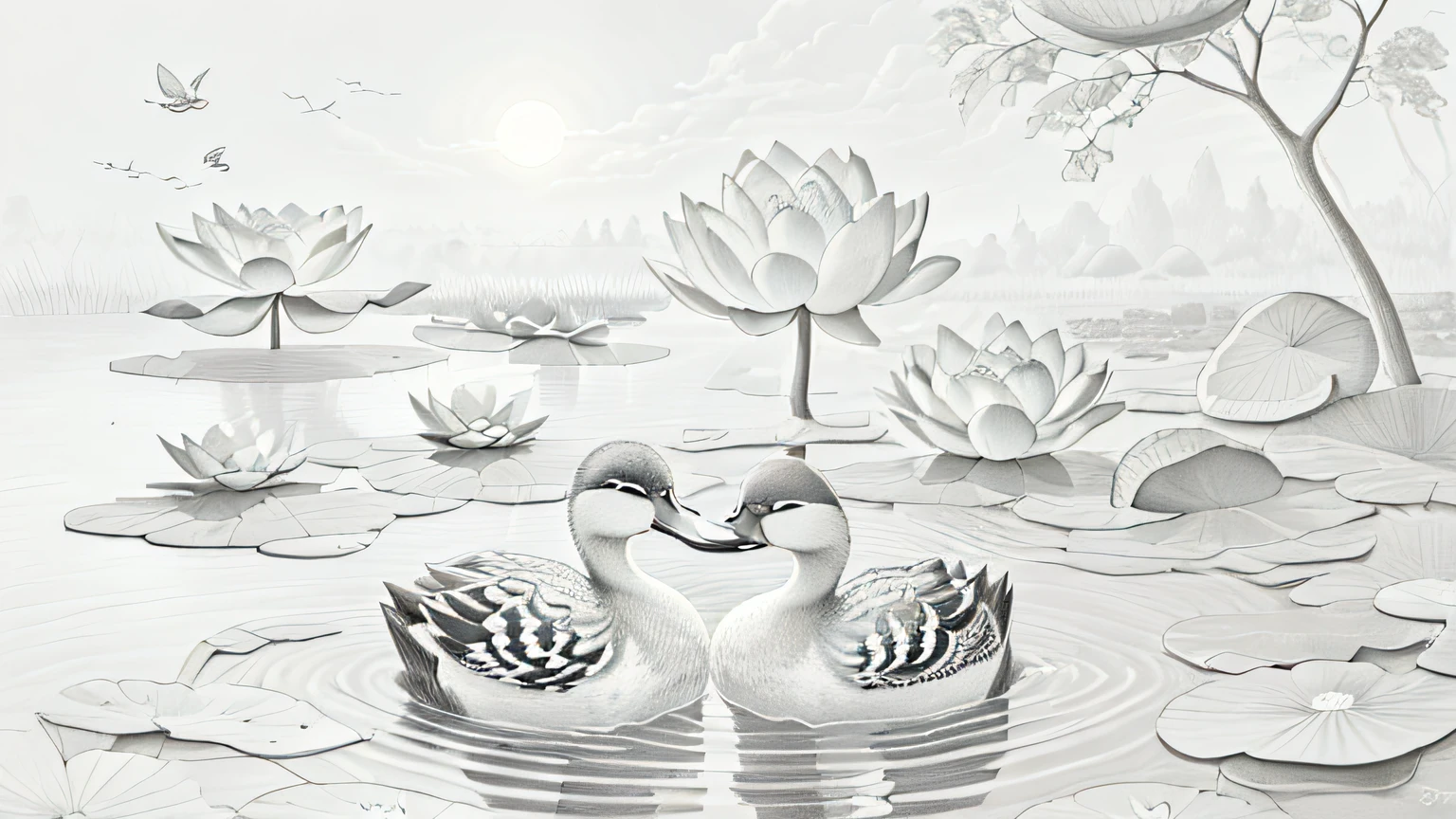 Picture of two ducks in lotus pond, lotus pond, detailed duck, lotus, warm sun. Masterpiece, high quality, high detail, high resolution, 4K, stunning picture, beautiful artwork illustration, tranquility illustration, duck illustration, full color illustration, lotus pond, beautiful illustration, detailed 2D illustration, painting illustration, color illustration, beautiful digital illustration, wildlife illustration