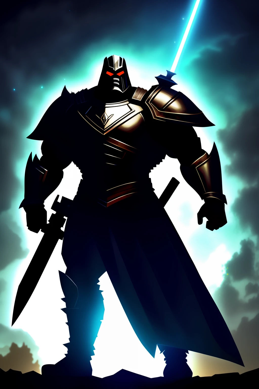A super strong man, wearing armor and exuding dark light and dark aura, holding a dark sword in the universe