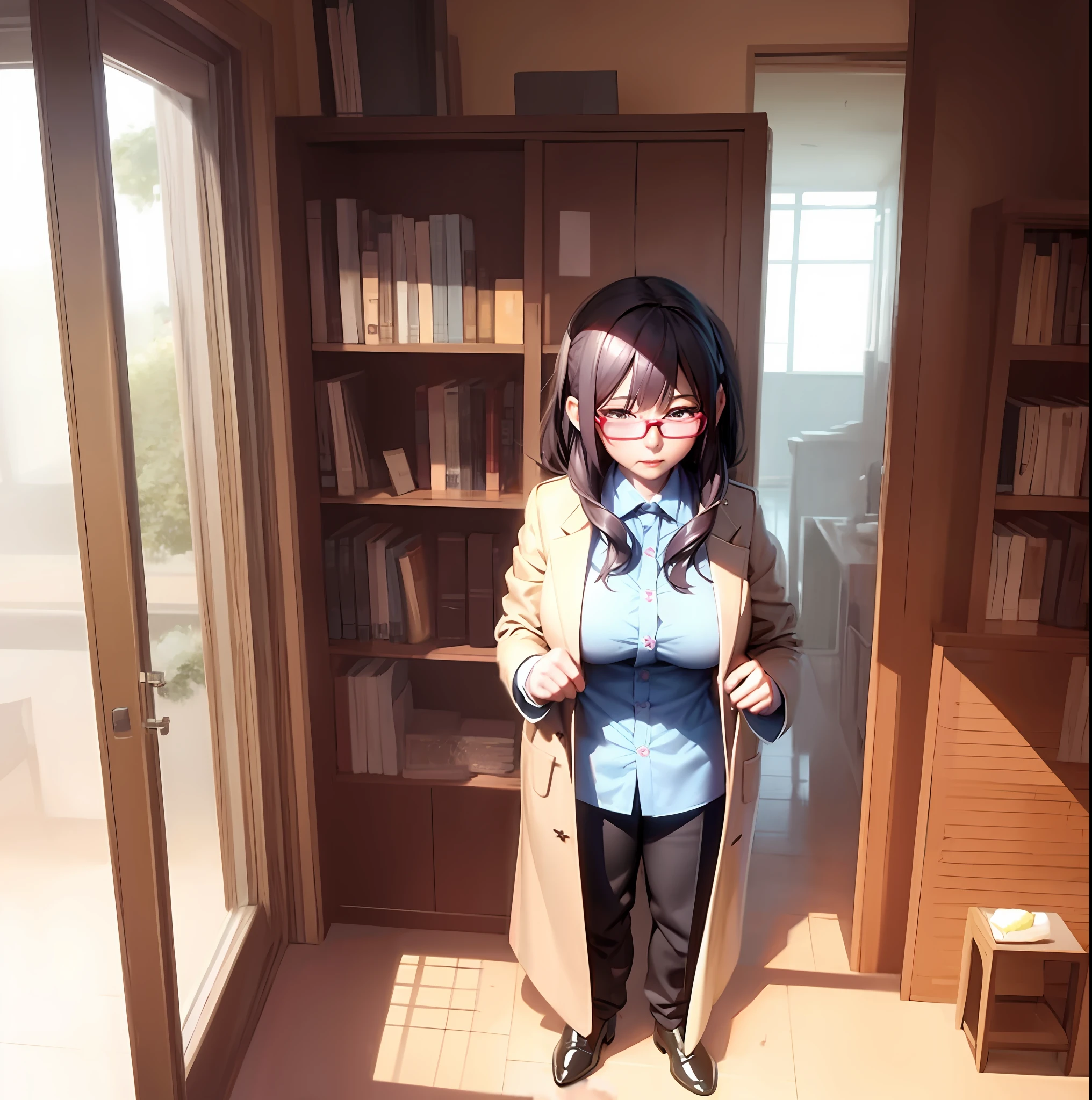 Anime grandmother in cotton coat, white head technique, glasses, face wrinkles realistic, anime 3 D style, surreal schoolgirl, 3 D anime realistic, surreal grandma