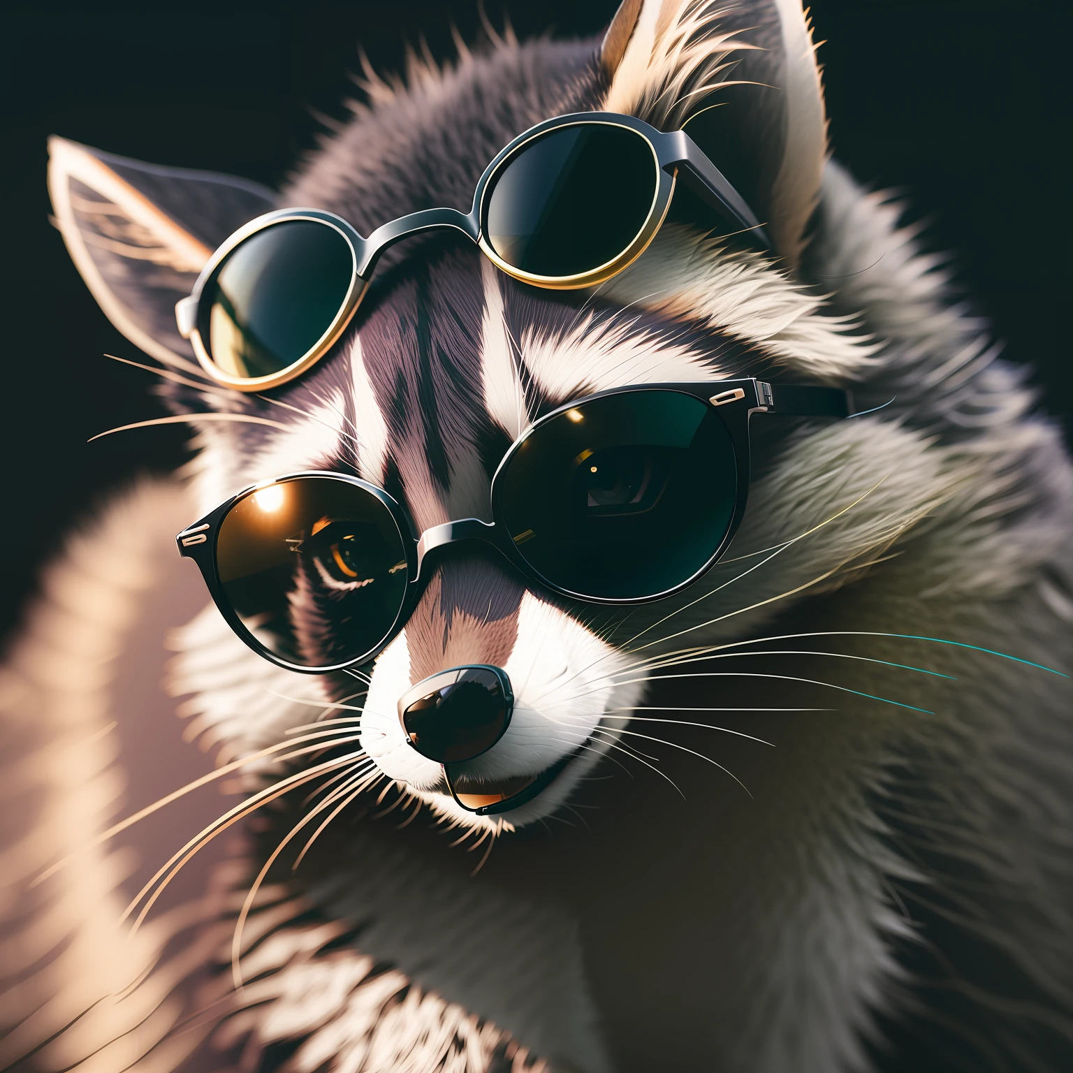 racoon with sunglasses , black background , high detailed, 4k, intricate,  8k uhd, dslr, soft lighting, high quality, film grain, Fujifilm XT3