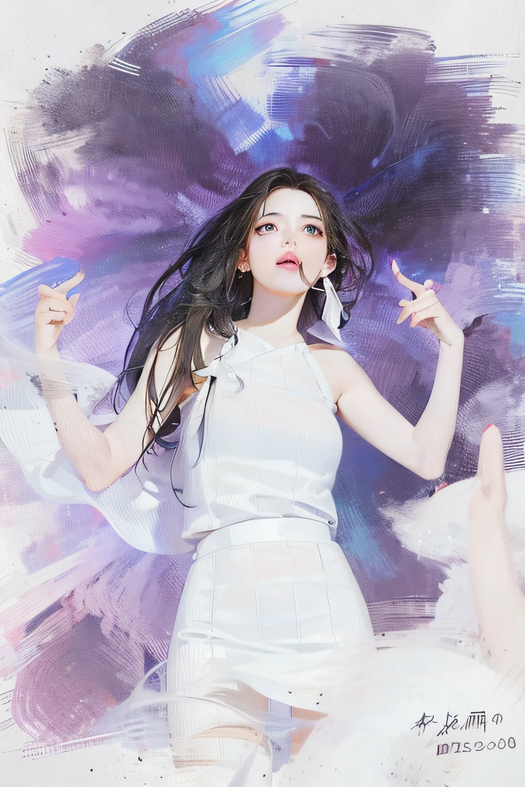 painting of a woman in a white dress with her hands up, official fanart, official fan art, portrait of jossi of blackpink, colorized pencil sketch, bae suzy, #1 digital painting of all time, # 1 digital painting of all time, portrait jisoo blackpink, fanart, [ digital art ]!!, painting of ariana grande, album art