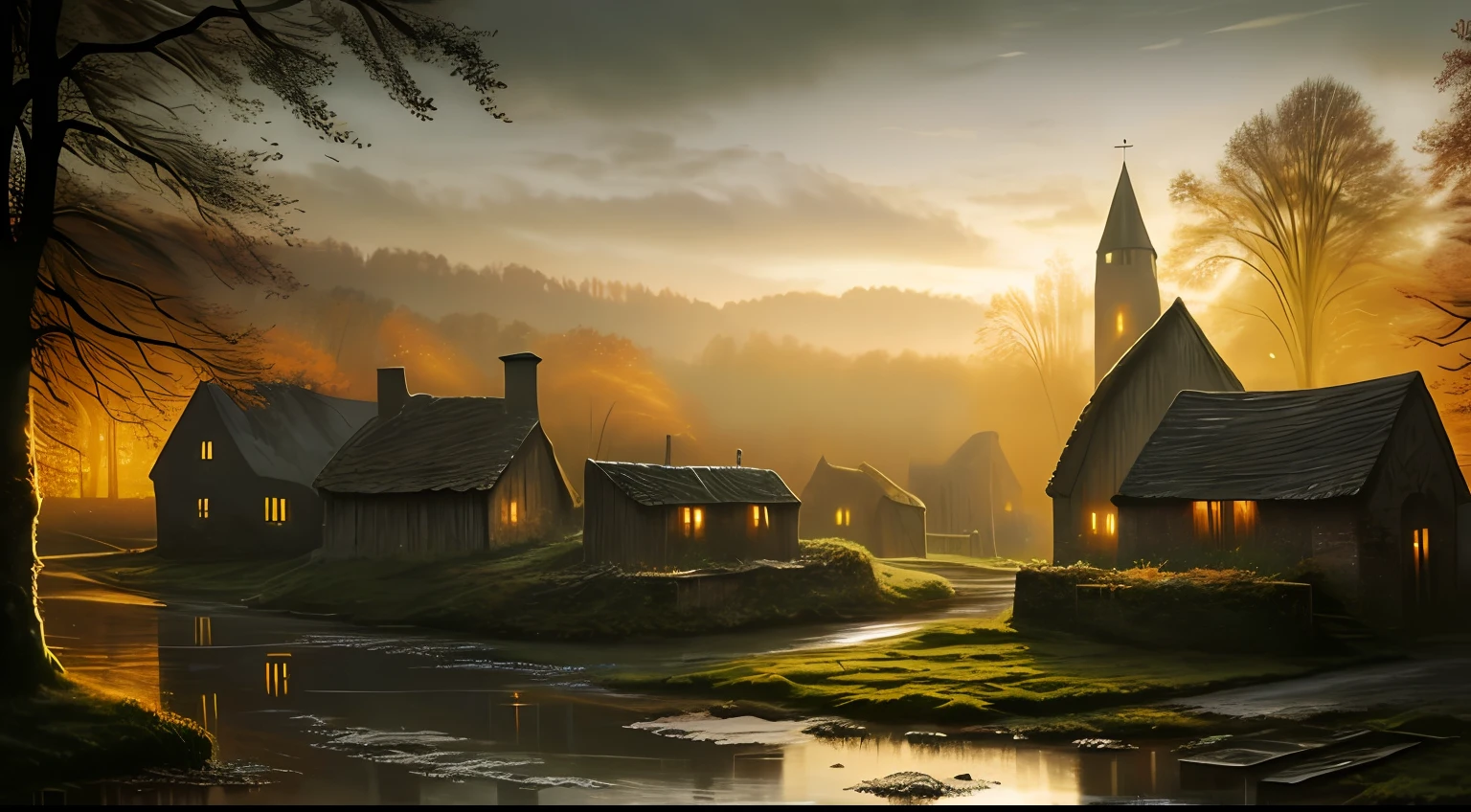 realistic dark oil painting of a medieval village at sunrise, mossy, mist, foggy, shadows, misterious, mithical, dark, rays of light shines trough the windows, ambient, depth of field, volumetric lighting, cinematic lighting, moody, heavy darkness, black sky, low angle perspective, by Anna Dittmann