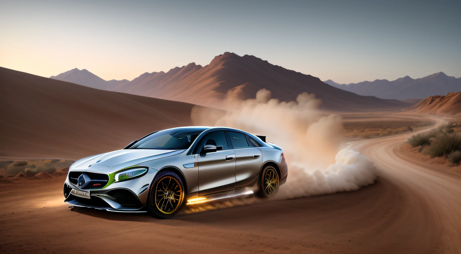 racing, high detail, off-road, detailed, eqs Mercedes, car, 8k resolution, masterpiece, village mountain background, desert, lighting best resolution, rock fashion design, forward turn 3:1 degree view, exhaust flash, daylight, (((change background only)))