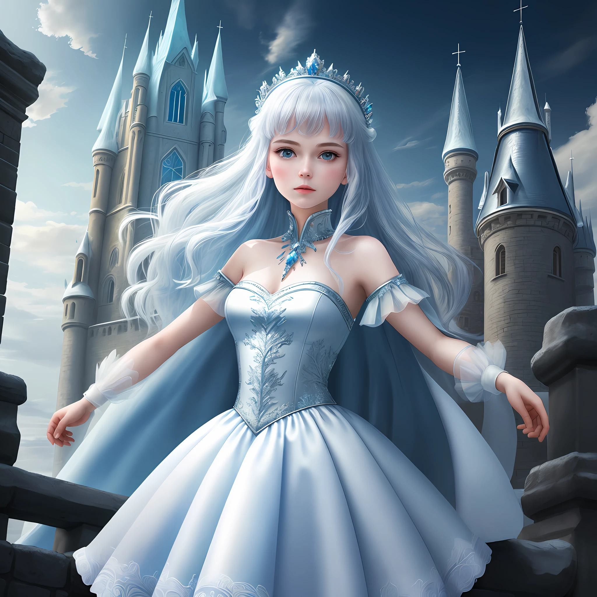 (Best Quality, Masterpiece: 1.1), (Realisticity: 1.4), 1Girl, Ice Queen skirt shot, ice castle in background