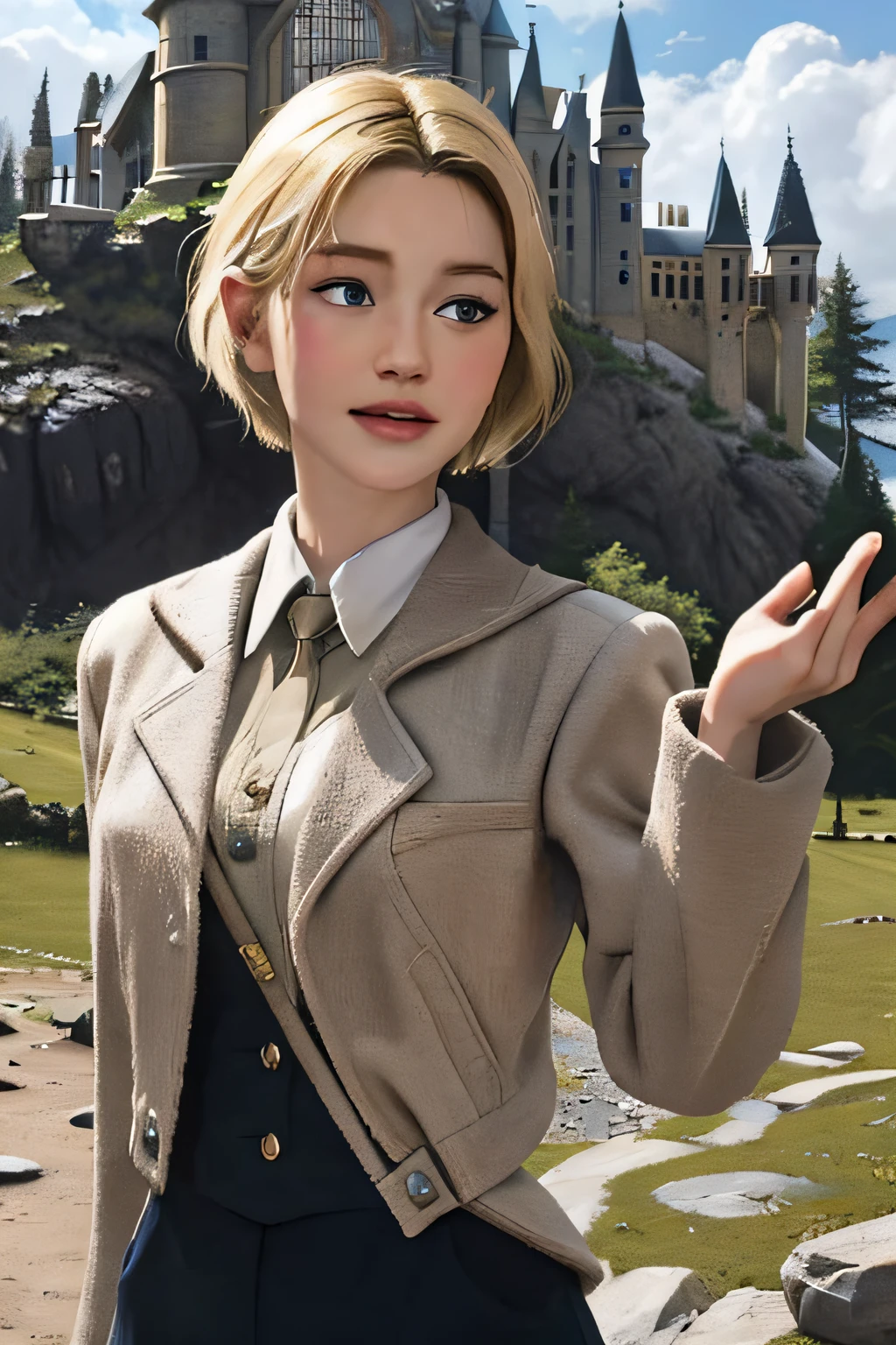 Best quality, masterpiece, Hogwarts students, short blonde hair, outdoors, castle