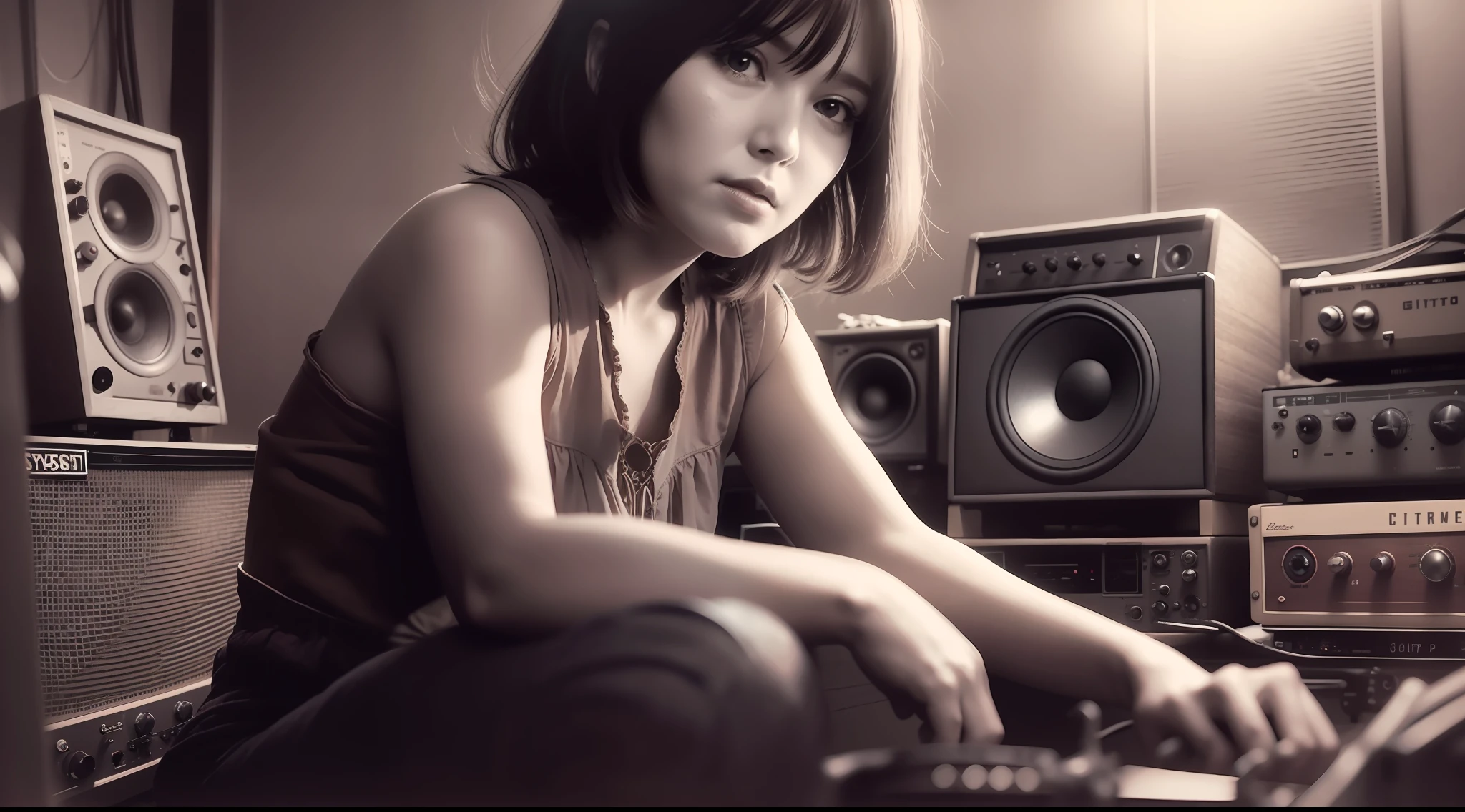 grainy old realistic photo of a female singer sitting in a crowded messy dusty, cozy audio studio with vintage amps, synts, old used speakers, wires, microphones, audio equipment, in 1976, posters on the wall, paper notes on the floor, extreme high quality, volumetric lighting, light rays shining trough the windows, cinematic lighting, backlights, crimson sunset, depth of field, retro, low angle shot, perspective, ambient occlusion, misty, old, warm, intimate, perfect anatomy, symetric face, 60's fashion by Roger Fenton