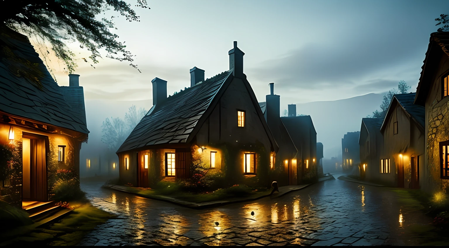 realistic dark oil painting of a medieval village at sunrise, mossy, mist, foggy, shadows, misterious, mithical, dark, rays of light shines trough the windows, ambient, depth of field, volumetric lighting, cinematic lighting, moody, heavy darkness, black sky, low angle perspective, byTerry Dodson