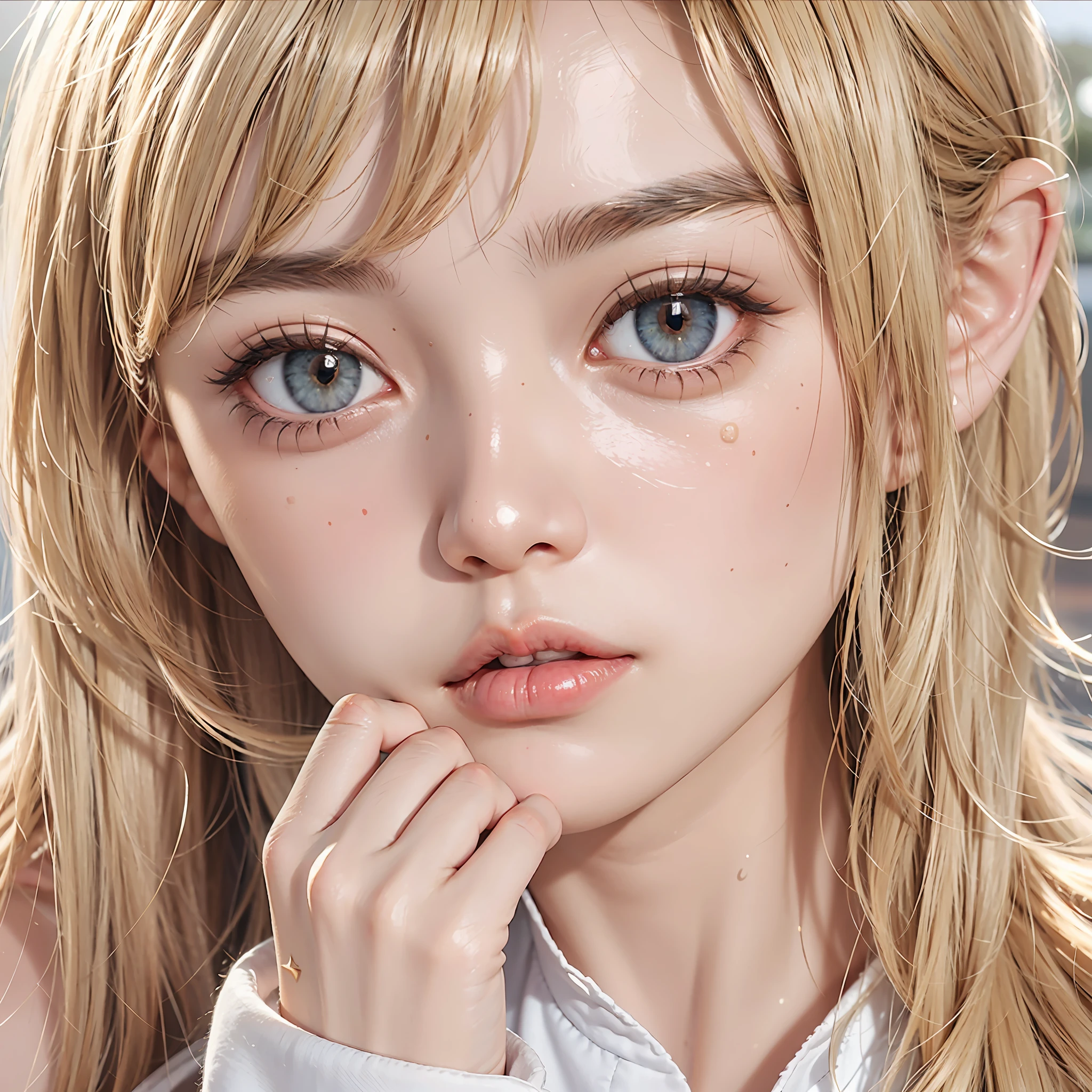 realistic, 1girl, blonde hair, big breasts, glowing eyes, parted lips, blush, sunset, , sun, sunlight, bloom, super detailed, languid face, holding a pen