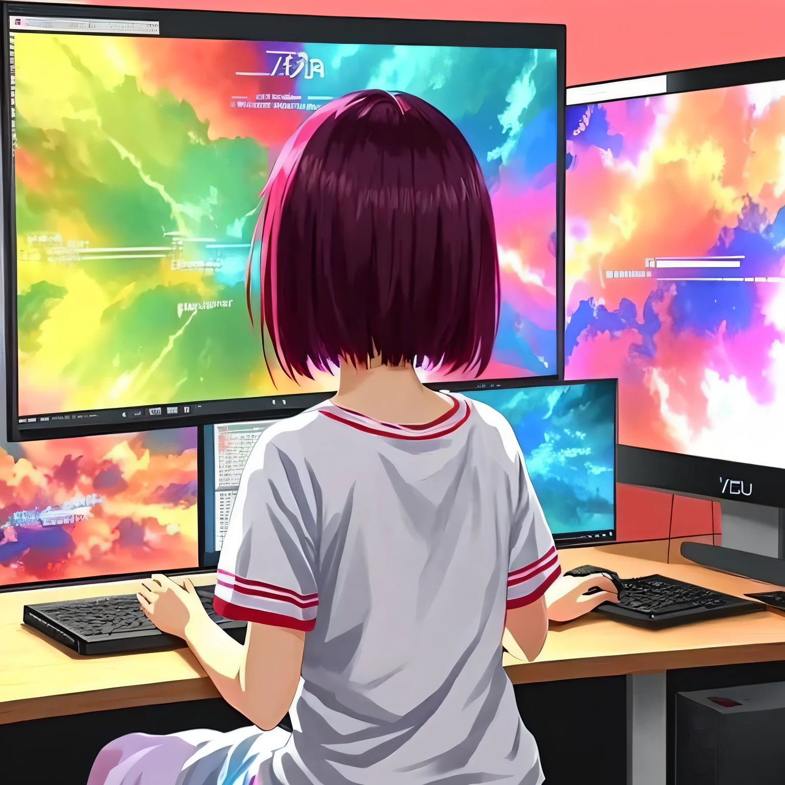 anime girl playing a video game on a computer screen, anime style 4 k, anime styled digital art, anime style digital art, digital anime illustration, anime style. 8k, colorful anime movie background, digital art on pixiv, digital anime art, anime digital art, colorful digital painting, cute detailed digital art, anime style illustration, by Yuumei