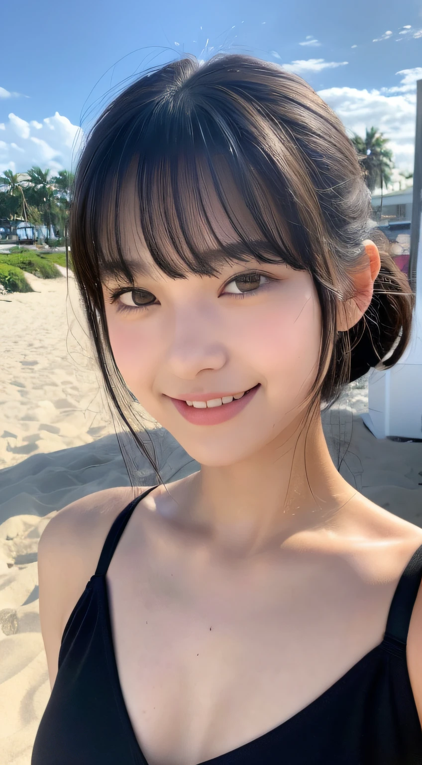 (Best quality, 8k, masterpiece: 1.3), a pretty girl with perfect figure: 1.4, (teens, high school student), black hair, (blunt bangs:1.2), bikini, in the beach, highly detailed face and skin, detailed eyes, double eyelids, small breasts, smile