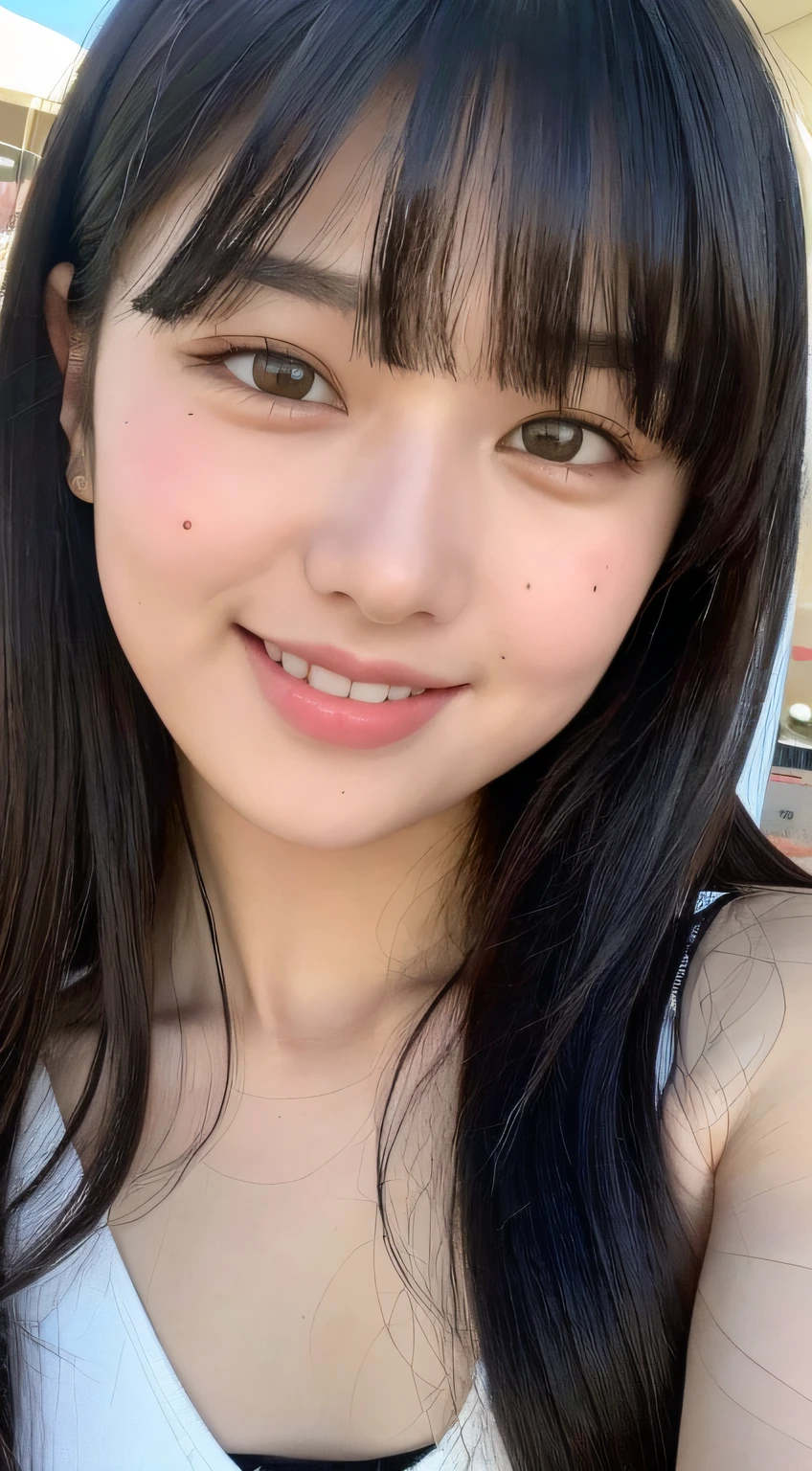 (Best quality, 8k, masterpiece: 1.3), a pretty girl with perfect figure: 1.4, (teens, high school ), black hair, (blunt bangs:1.2), bikini, in the beach, highly detailed face and skin, detailed eyes, double eyelids, small breasts, smile