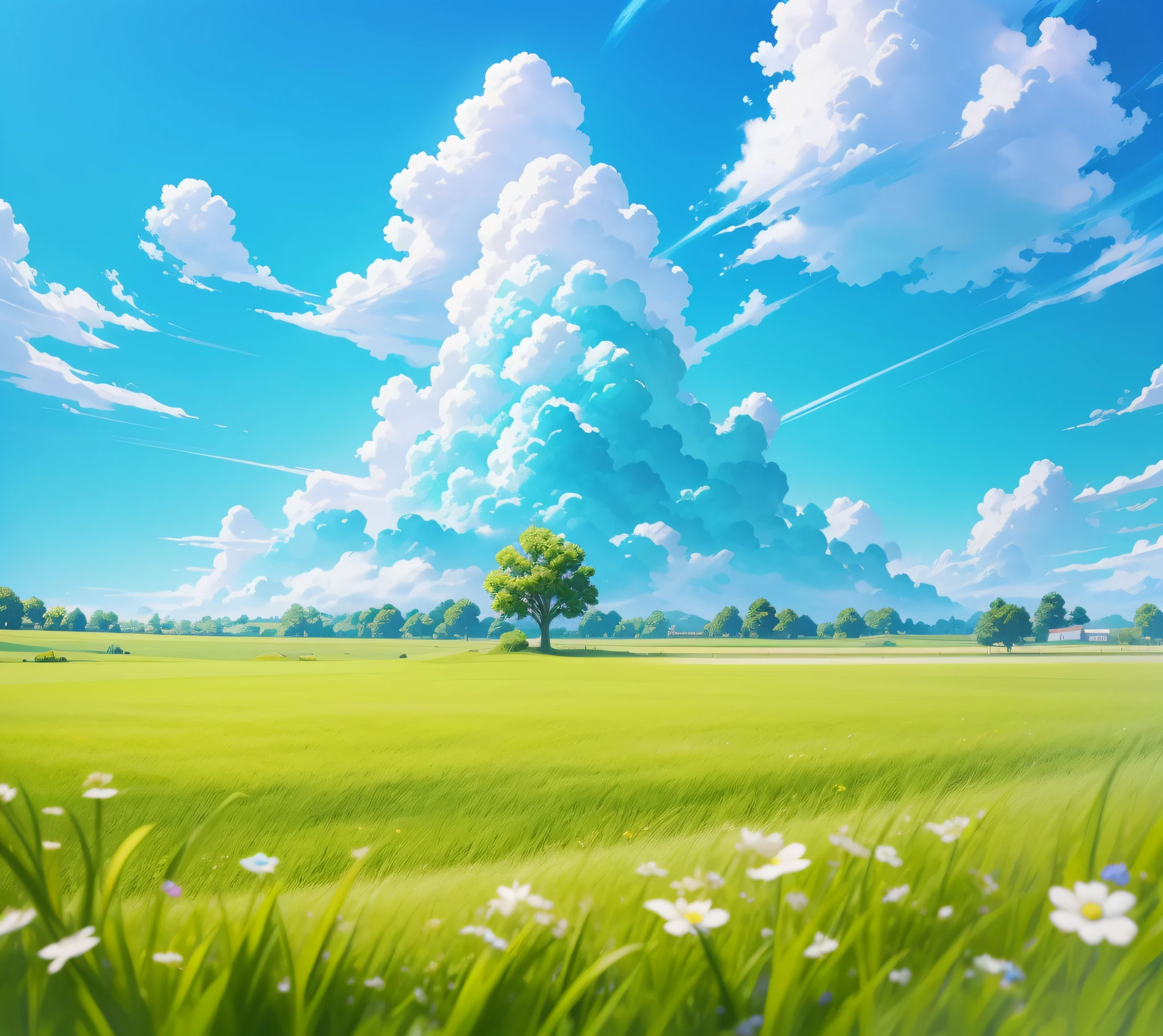 On the grass of green grassland blue sky and white clouds, official artwork, propaganda art, colorful anime movie background, official art, official illustration, mobile game art, summer, fresh, sunshine halo, natural scenery background, movie lighting, super high resolution, background is natural scenery, natural green, do not appear characters, do not appear in the city