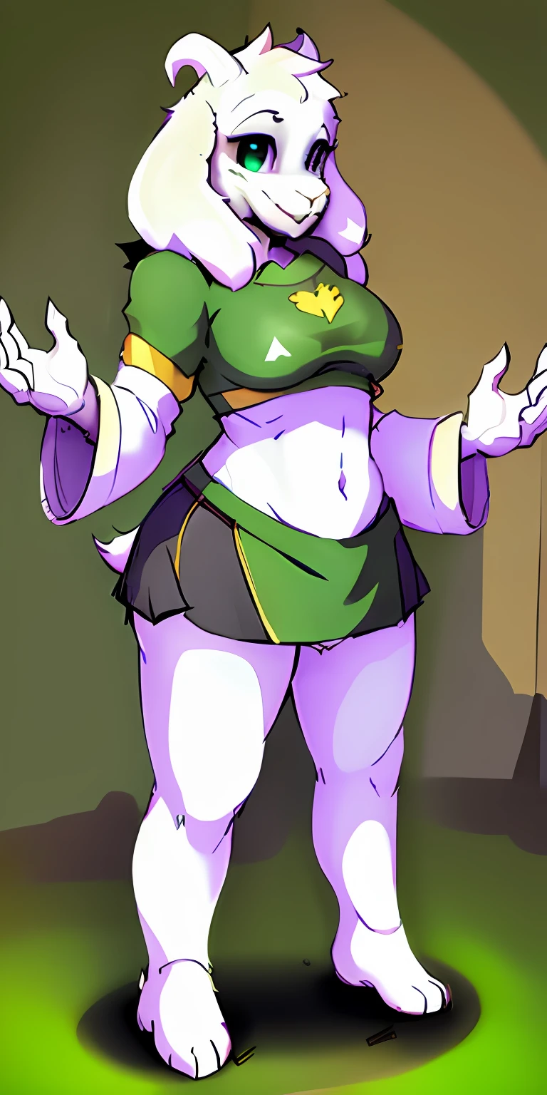 Masterpiece, best quality, anime, Toriel, Asriel, hermaphrodite, horns, sexy, green t-shirt, miniskirt, solo, furry, barefoot, full_body, goat ears, sexy_furry, breasts,