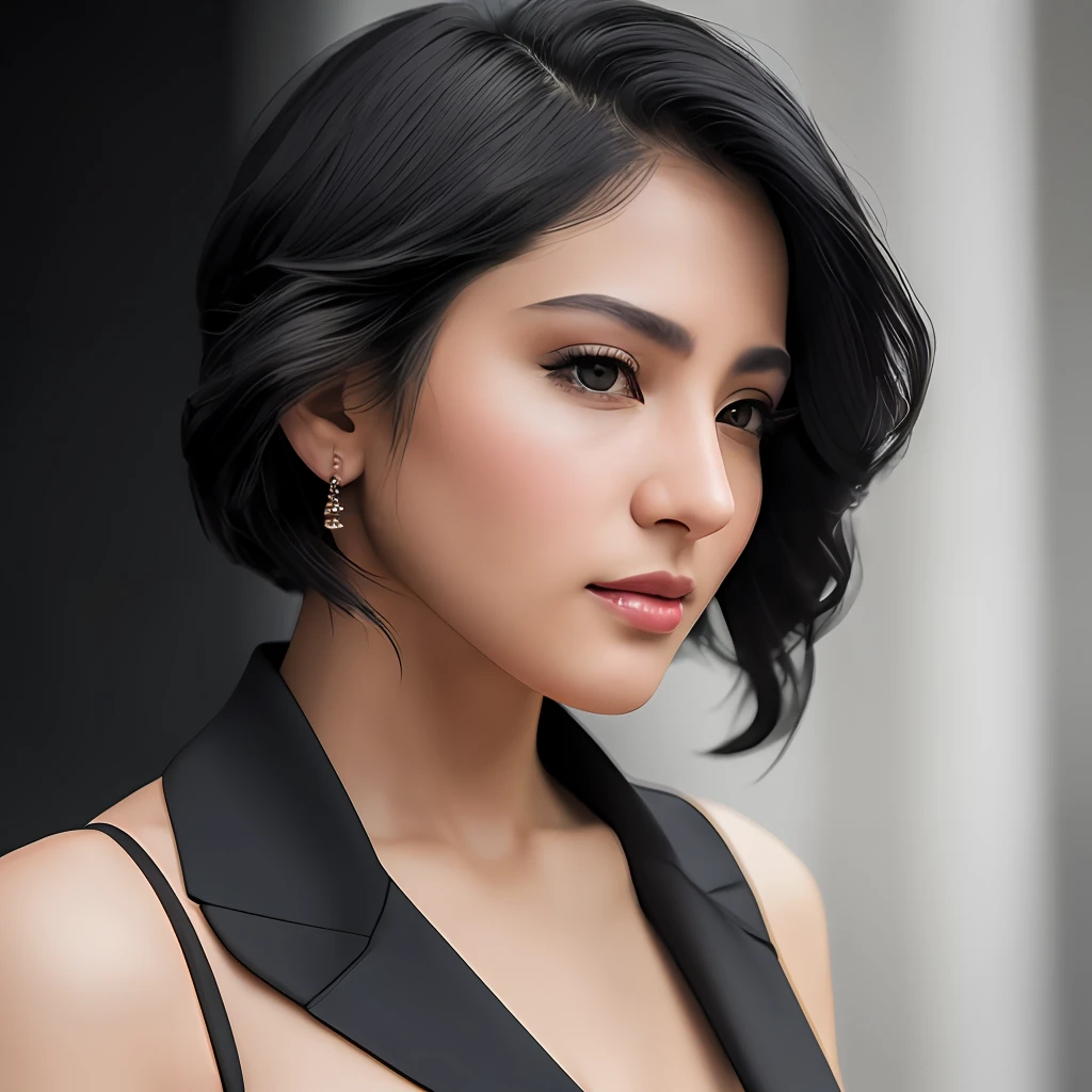 photo of a black-haired woman in an elegant suit, wide frame photo, photo shoot style, exquisite, detailed, dramatic, elite, real world, (hard focus, 8 k), (((natural skin texture))) , 8k textures, soft cinematic light, adome lightroom, photo lab, hdr, intricate, elegant, highly detailed, sharp focus, (((cinematic appearance))), soft tones, crazy details, high detail, low contrast, soft cinematic light, opaque colors, display mix, HDR, fade, 35 mm, f/1.4, ISO64, f16, 25 sec.