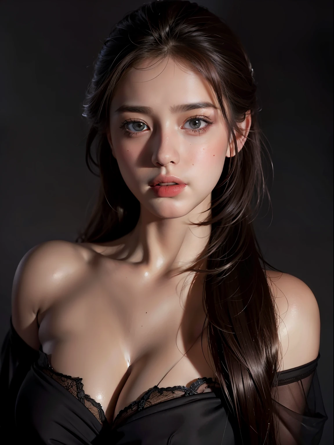 Best quality, masterpiece, ultra high res, (photorealistic:1.4), raw photo, 1girl, offshoulder, in the dark, deep shadow, low key, cold light, detailed skin