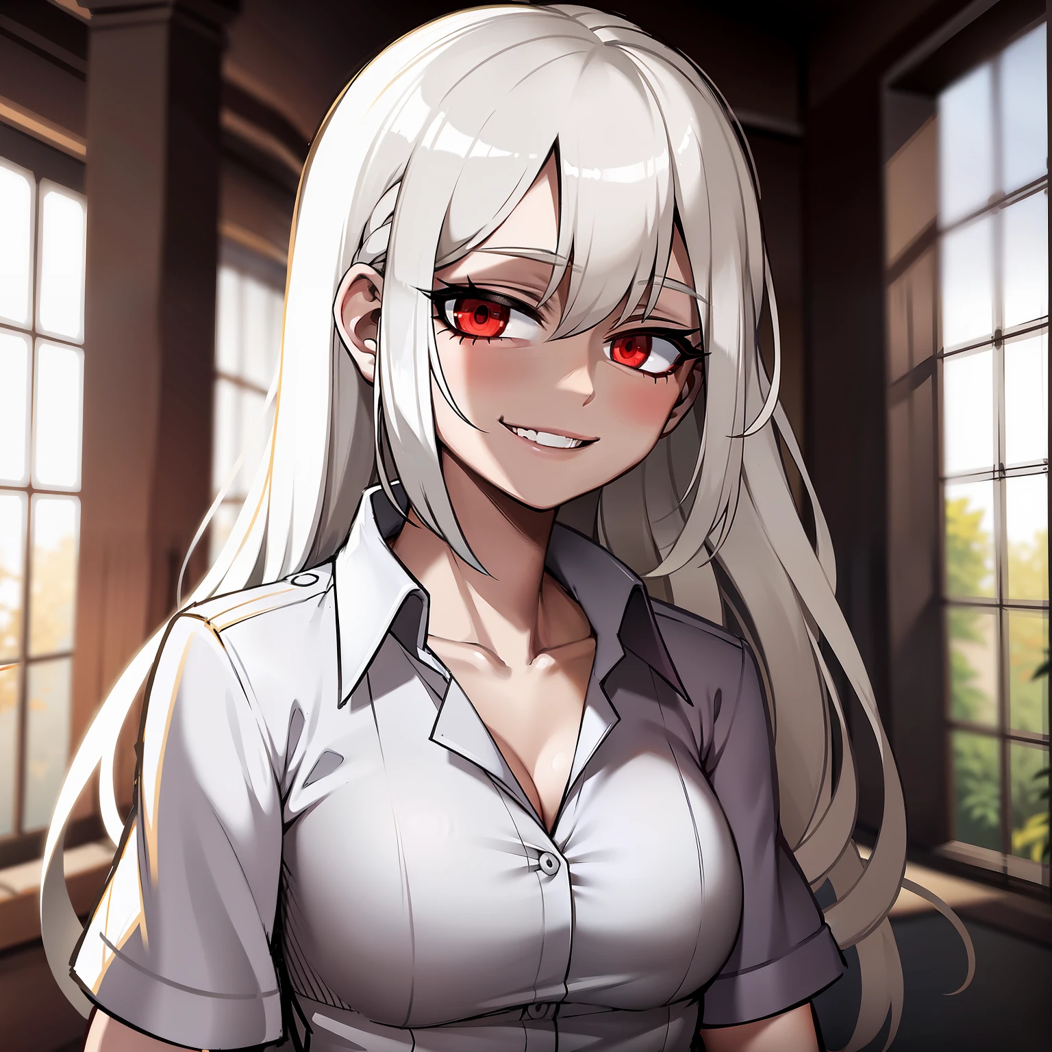 White hair, red eyes, smile, white shirt