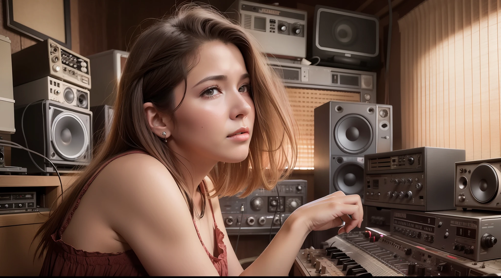 grainy old realistic photo of a female singer sitting in a crowded messy dusty, cozy audio studio with vintage amps, synts, old used speakers, wires, microphones, audio equipment, in 1976, posters on the wall, paper notes on the floor, extreme high quality, volumetric lighting, light rays shining trough the windows, cinematic lighting, backlights, crimson sunset, depth of field, retro, low angle shot, perspective, ambient occlusion, misty, old, warm, intimate, perfect anatomy, symetric face, 60's fashion by Ed Freeman