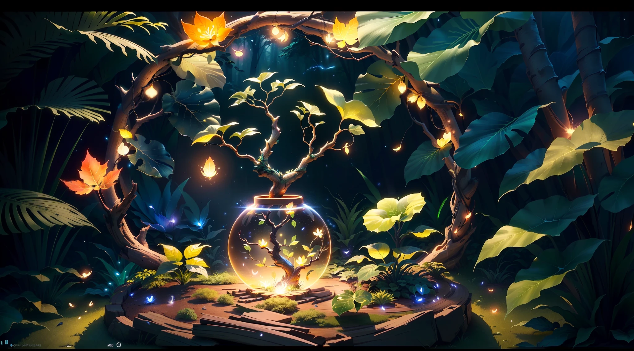 Masterpiece, best quality, (ultra-fine CG unity 8k wallpaper), (best quality), (best shadow), UI interface framework design uses natural elements of a jungle theme. The avatar frame is designed in a circle, surrounded by delicate leaves and branches, and there are also fireflies and glowing particle effects, (UI interface frame design), (natural elements), (jungle theme), (round shape), (leaves), (branches), (fireflies), (glow), (particle effects). , isometric 3d, octane rendering, ray tracing, super detailed