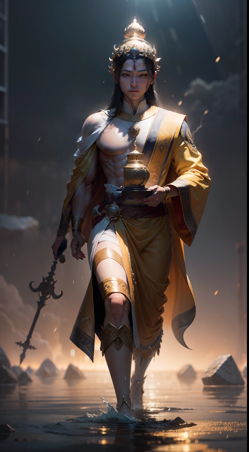 Shakyamuni walking on water in a storm, masterpiece, best quality, high quality, extremely detailed CG unit 8k wallpaper, award winning photography, bokeh, depth of field, HDR, floodlight, chromatic aberration, realistic, very detailed, popular on artstation, popular on CGsociety, complex, high detail, dramatic, art on the go, volumetric lighting, male