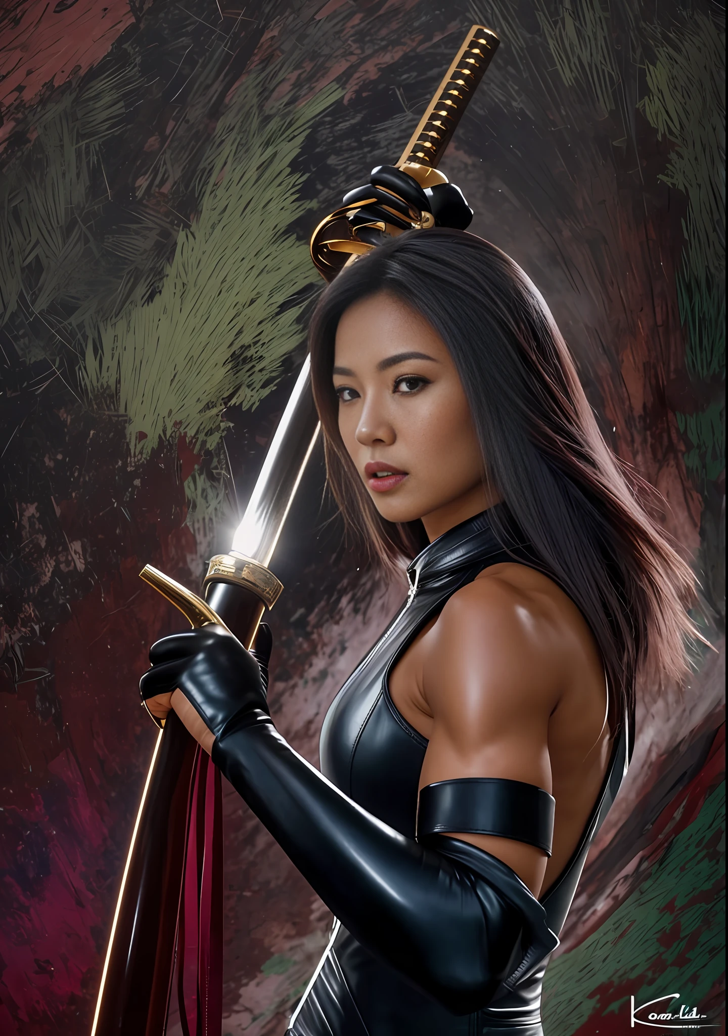4K, Asian woman, leather suit, muscular body.