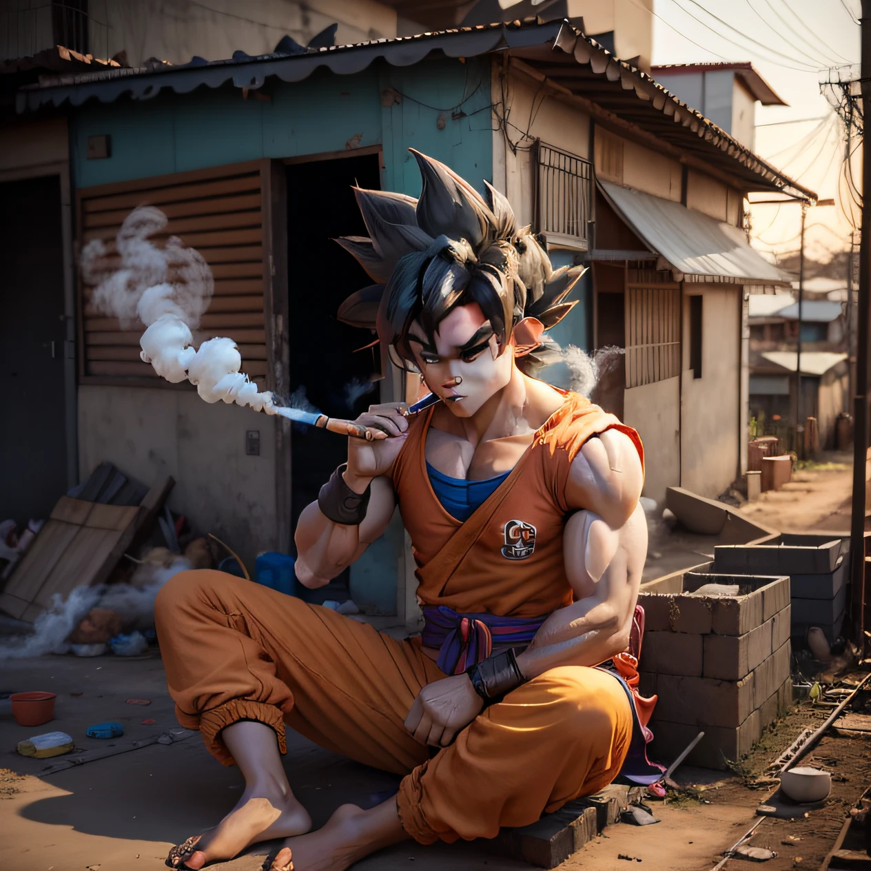 Goku, in the favela of Rosinha, smoking