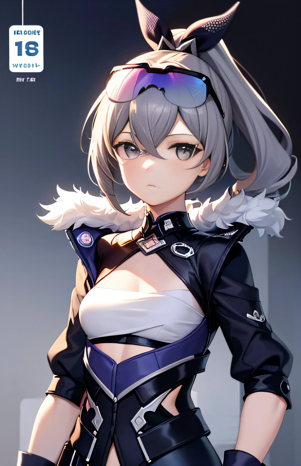 (Magazine: 1.3), (Cover Style: 1.3), Text, Cover, Bold, Eye-catching, Title, Fashion, Font, Catchy, Headline, Bigger, Eye-catching, Modern, SilverWolf V4, (Masterpiece: 1.2), Best Quality, (Bust, Portrait, Focused Face, Illustration: 1.2), (Hyperdetail), Eye Focus, Hyperdetail, (Fine Detail), (Intricate Detail), HDR, (Ultra Detail: 1.15), (Soft Light: 1.2), 1 Girl, Beautiful girl, super detailed eyes, slim, (small breasts, supermodel: 1.3), inside campus, (gray high ponytail hair: 1.1), (delicate gray beauty pupils: 1.2), (movie headlights), beautiful detail glow, ambient occlusion, ambient light, ray-traced reflections, (best lighting, extremely delicate and beautiful), ((cinematic light)), (soft: 2), colored glasses, gloves, jacket, full body, weapon, shorts, black gloves, gun, drill hair, (glasses on the head: 1.2),