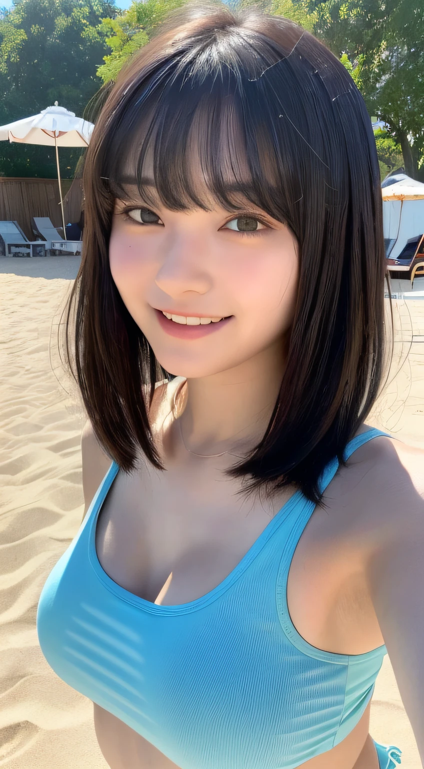 (Best quality, 8k, masterpiece: 1.3), a pretty girl with perfect figure: 1.4, (teens, high school student), black hair, (blunt bangs:1.2), bikini, in the beach, highly detailed face and skin, detailed eyes, double eyelids, big breasts, smile