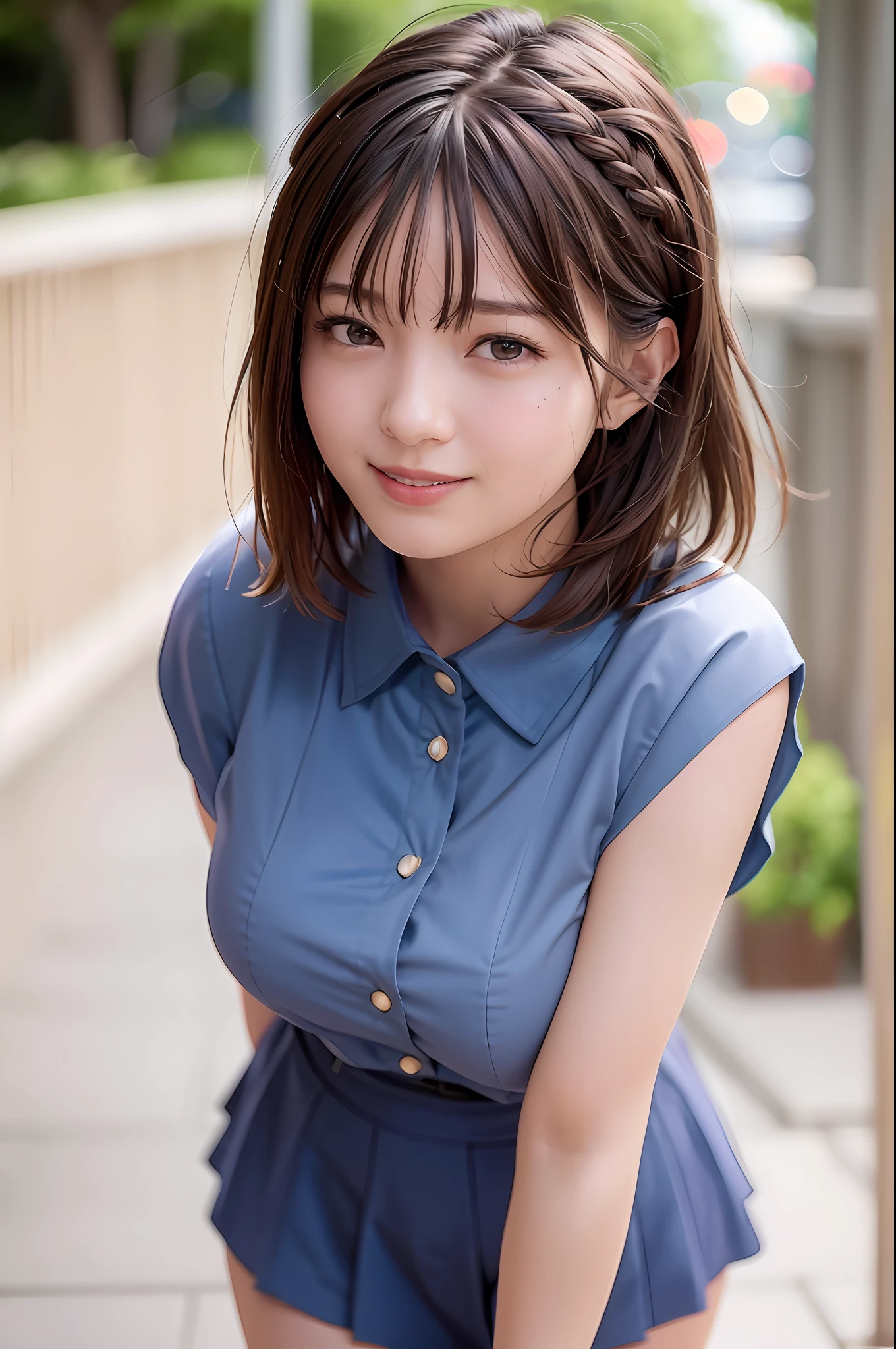 (8K), (Best Definition: 1.2), (Realistic), (Photorealistic: 1.37), Ultra High Definition, 1 Girl, Cute, Smile, Closed Mouth, Beautiful Details, Beautiful Nose, Full Body, Wet Hair, Colossal Dalsefo, Pork, School Uniform, Thighs, (Skin Spots: 1.2), (Skin Dentation), Black Eyes, 1 Female, 25 Years Old, ((((Female)))), Solo, Real, Best Quality, Photorealistic, Masterpiece, 8K, High Resolution, Solo, Highly Detailed Face, (Professional Lighting, Bokeh), (Light Particle, Lens Flare, Luminous Particle:0.6), (Dynamic Pause: 1.2), Soft Lighting, Top Angle View, Fashionable and Trendy Atmosphere, Japan, Street, Urban, Tokyo, Minato, ((Daytime)), Sky, ((View Viewer:1)), ( Looking at camera), (portrait: 0.6), cowboy shot, gorgeous, standing, broad shoulders, full body, (big breasts), (short hair), brown hair, floating hair, braided hair, lips, lipstick, seductive smile, floating hair, smile, open_mouth, teeth, eyelashes, moles, (moles under eyes: 1), plump body, plump breasts, ripping breasts, large breasts, back hands, restraints