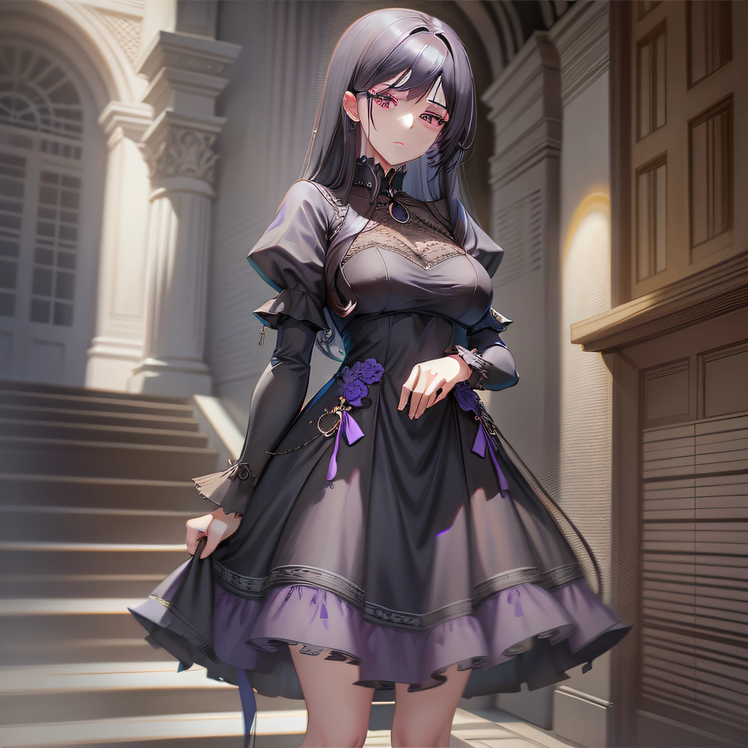 Beautiful anime-style portrait of a 25-year-old woman in a purple dress, with highly detailed features and beautifully styled black hair, captured in a realistic anime photography full-body shot.