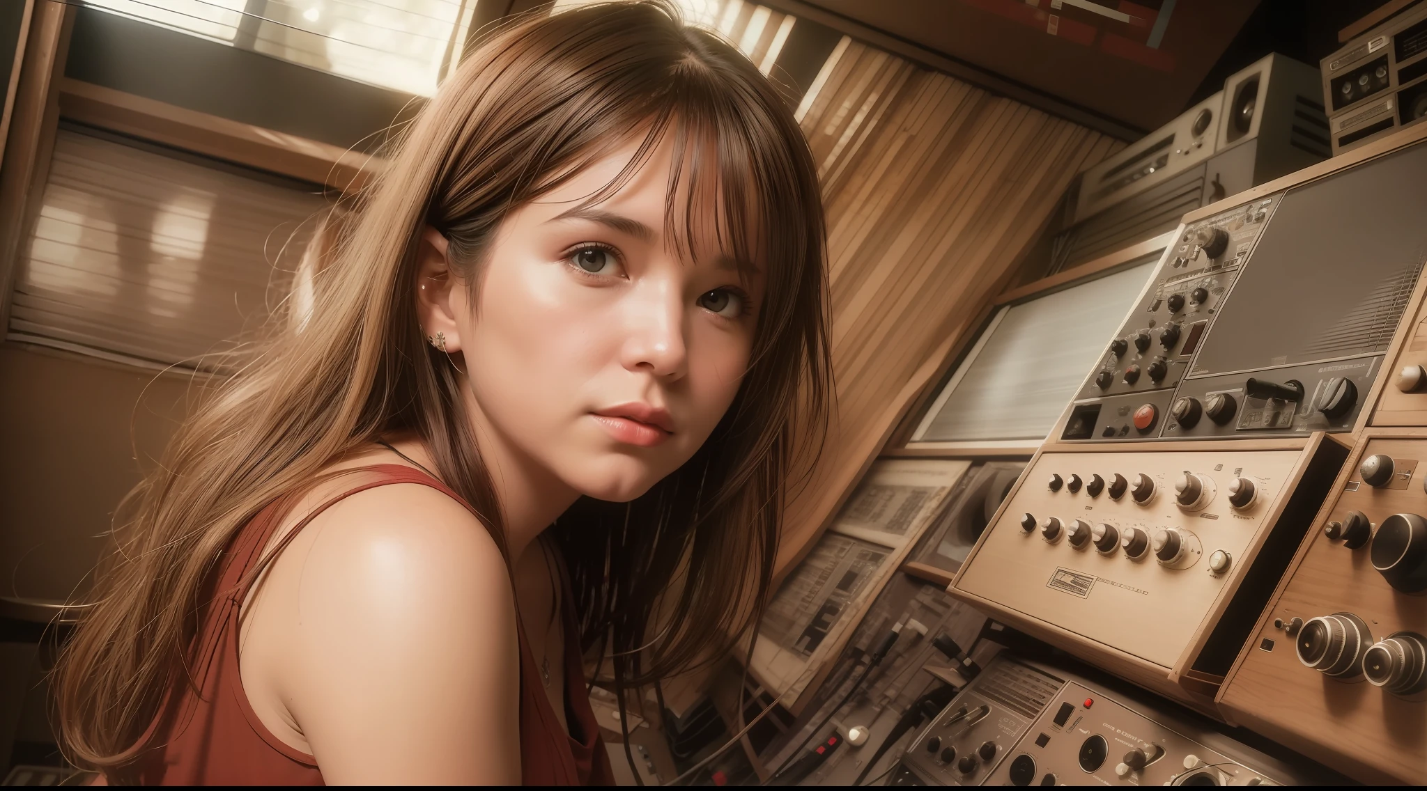 grainy old realistic photo of a female singer sitting in a crowded messy dusty, cozy audio studio with vintage amps, synts, old used speakers, wires, microphones, audio equipment, in 1960, posters on the wall, paper notes on the floor, extreme high quality, volumetric lighting, light rays shining trough the windows, cinematic lighting, backlights, crimson sunset, depth of field, retro, low angle shot, perspective, ambient occlusion, misty, old, warm, intimate, perfect anatomy, symetric face, 60's fashion by Ed Freeman
