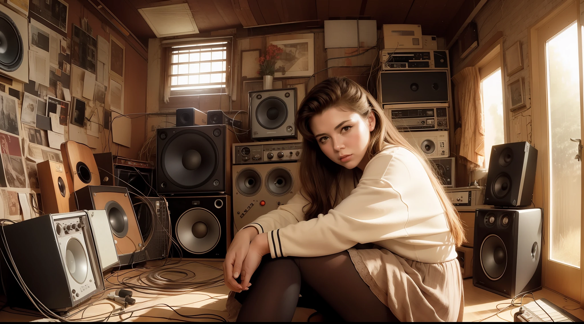 grainy old realistic photo of a female singer sitting in a crowded messy dusty, cozy audio studio with vintage amps, synts, old used speakers, wires, microphones, audio equipment, in 1960, posters on the wall, paper notes on the floor, extreme high quality, volumetric lighting, light rays shining trough the windows, cinematic lighting, backlights, crimson sunset, depth of field, retro, low angle shot, perspective, ambient occlusion, misty, old, warm, intimate, perfect anatomy, symetric face, 60's fashion by Ed Freeman