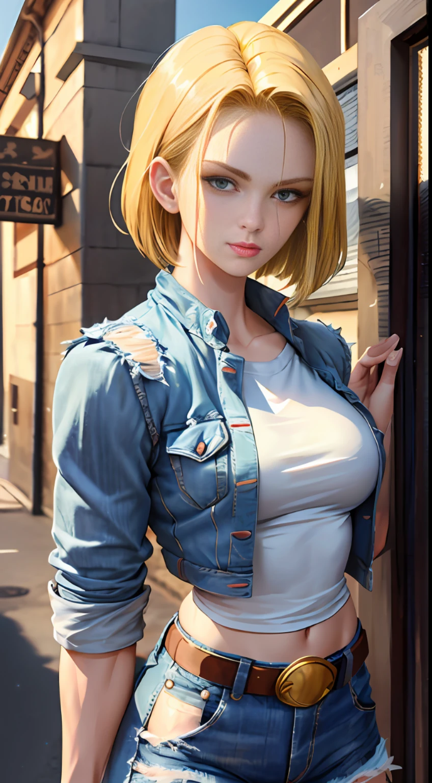 masterpiece, best quality, ultra-detailed, absurdres, Potrait of beautiful Android18DB, solo, denim, breasts, belt, medium_breasts, outdoors, torn_clothes, volumetric lighting, best quality, masterpiece, intricate details, tonemapping, sharp focus, hyper detailed, trending on Artstation,