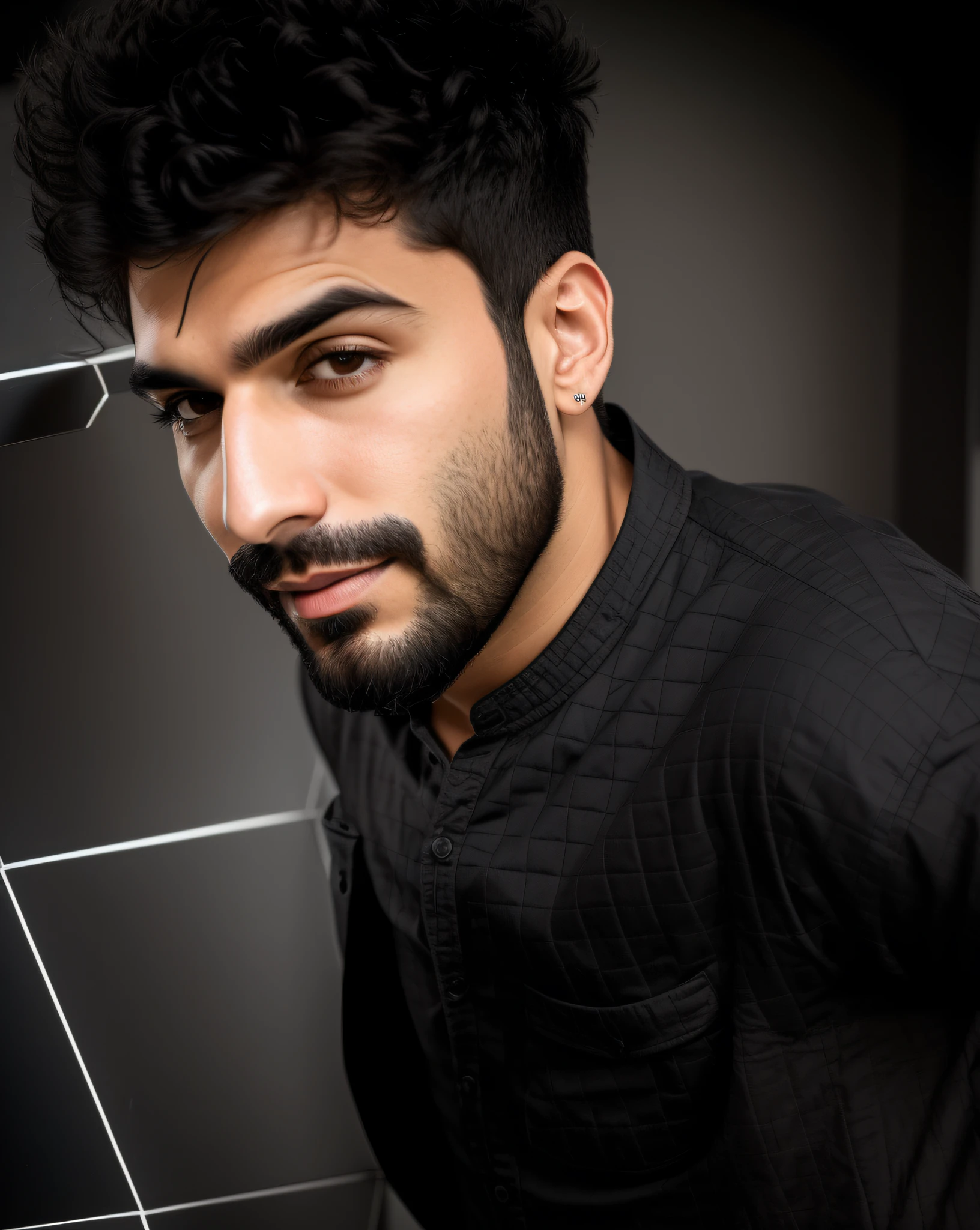 TiagoTurilli, man with a cyberpumk shirt posing for a photo, short black hair, close-up portrait photo, handsome man, profile photograph, a portrait of rahul kohli, detailed portrait photo, by Zahari Zograf, beach background in Dubai, ultra realistic, 8k